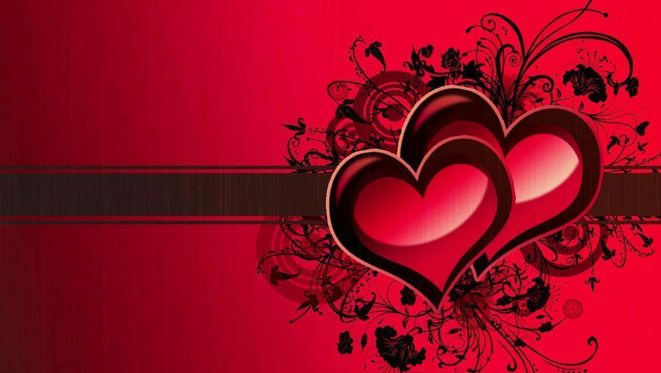 Cute Love Heart 桌布 壁紙 — 兩顆亮面紅色心形與黑色花卉漩渦交織，背景為充滿活力的紅色紋理背景。