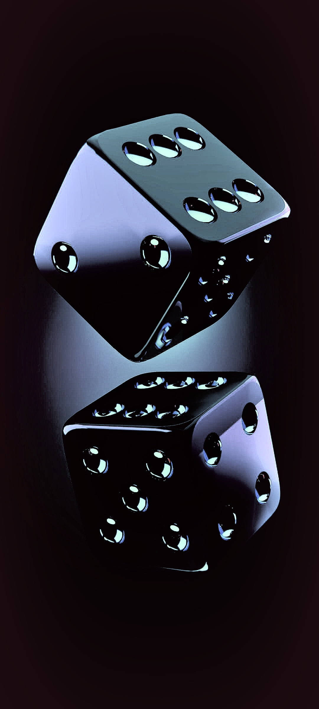Dice 桌布 壁紙 — 兩顆亮面黑色骰子懸浮在空中，背景昏暗，燈光效果戲劇化。