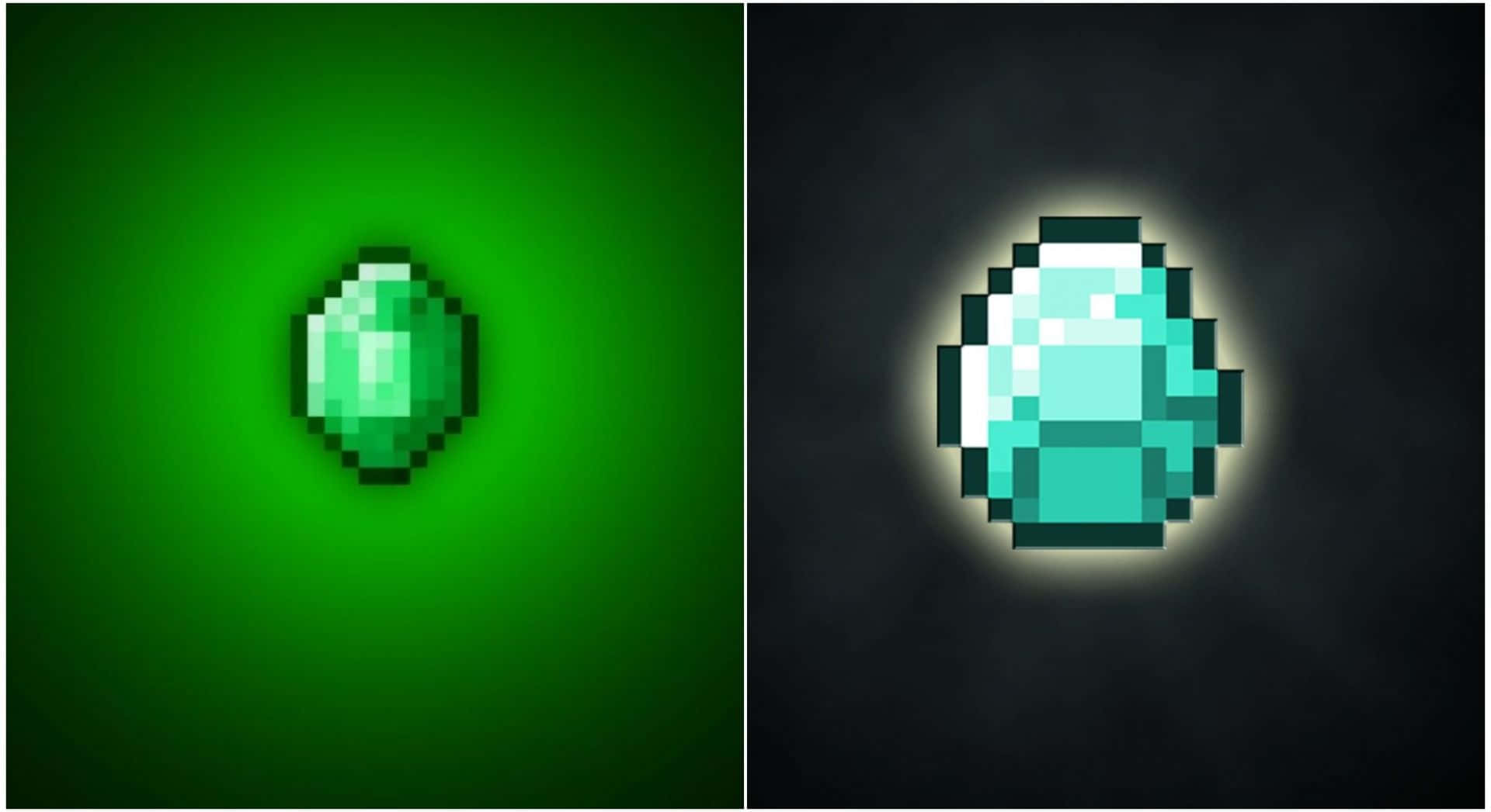 Minecraft Emeralds 桌布 壁紙 — 兩顆像素化寶石發光——一顆綠色在綠色背景上，一顆藍綠色在黑色背景上帶有明亮光暈。