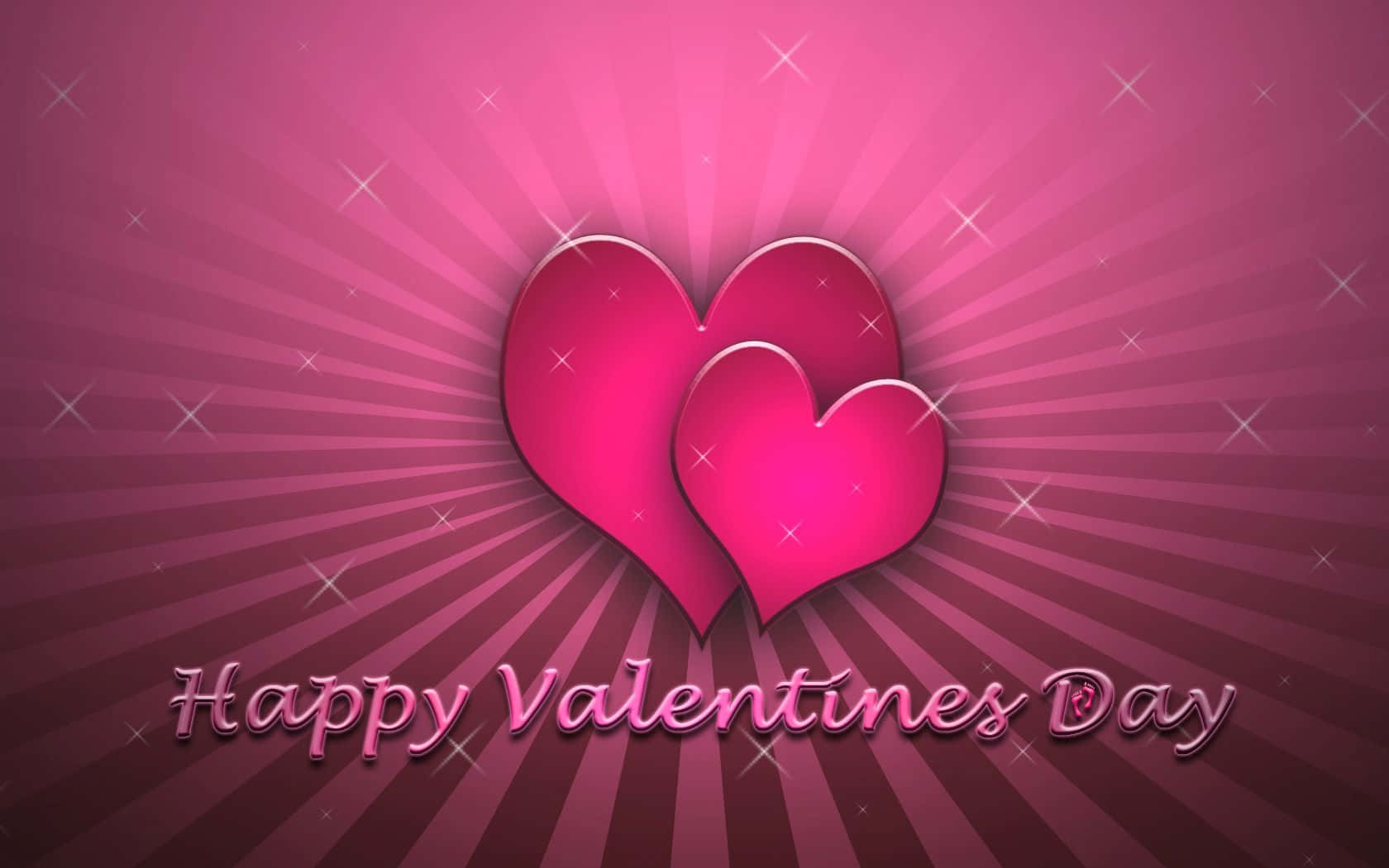 愛心 桌布 壁紙 — 兩顆光滑的粉紅色心臟在閃爍的星星和「Happy Valentine's Day」文字的背景下發光。