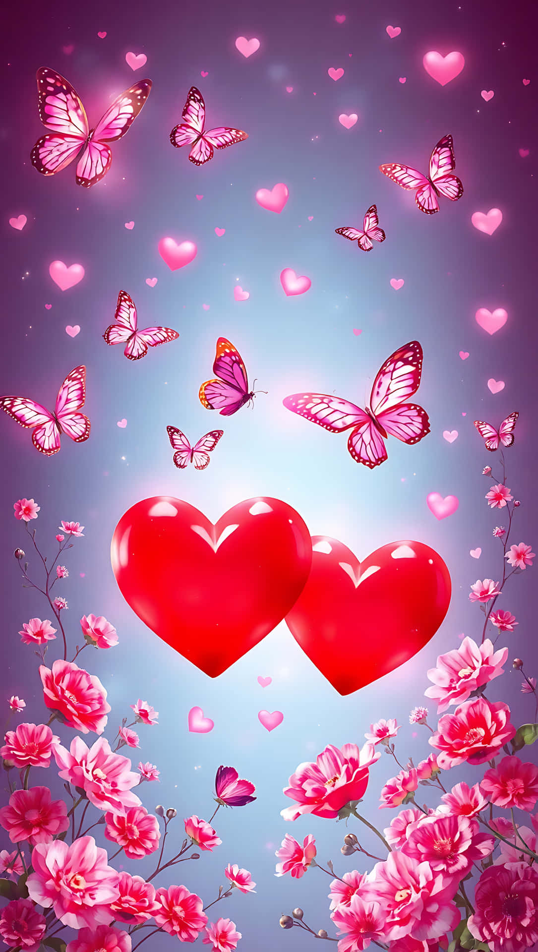 Hearts and Butterflies in Love smartphone wallpaper 壁紙 — 兩顆光滑的紅色心臟漂浮在粉紅色蝴蝶和花朵之間，背景是漸變的紫色和藍色天空。