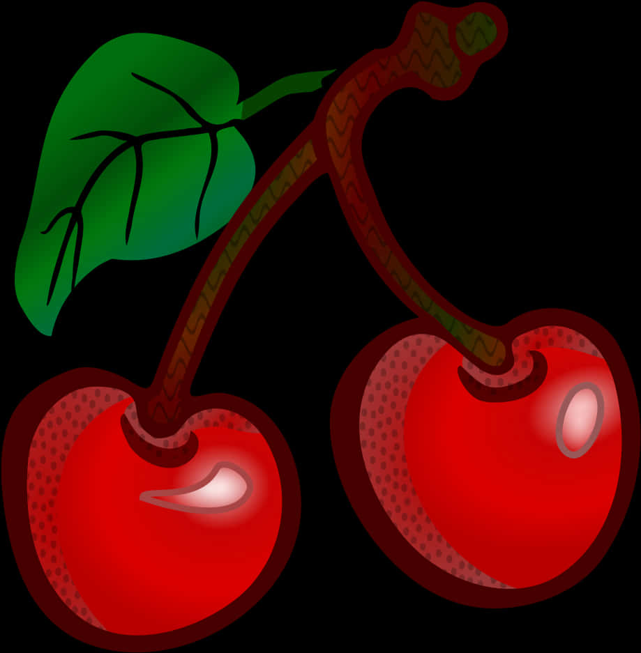 Clip Art 桌布 壁紙 — 兩顆光澤的紅色櫻桃，帶有綠色葉子和紋理莖，在純黑色背景下脫穎而出。