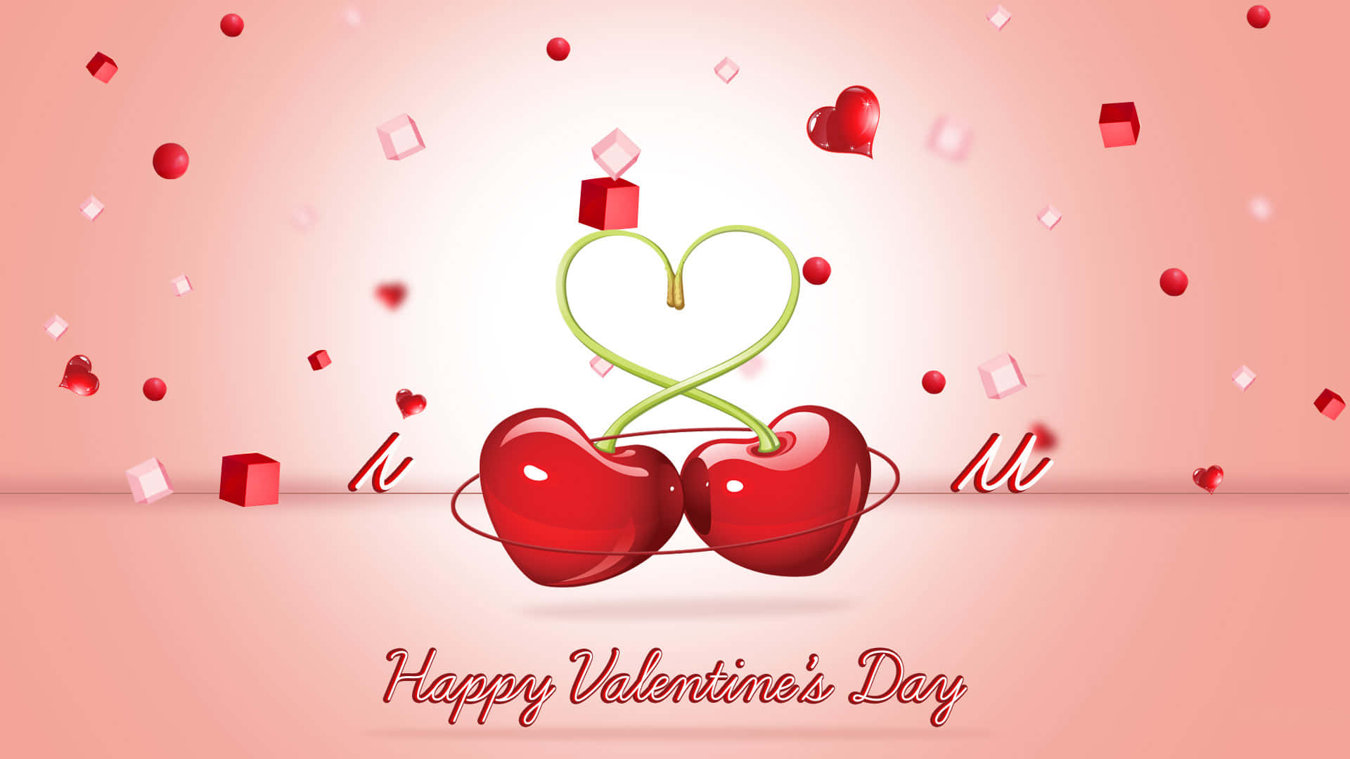 Happy Valentines Day 桌布 壁紙 — 兩顆光澤的紅色櫻桃，莖部形成心形，周圍環繞著漂浮的心形和五彩紙屑，背景為柔和的粉紅色。