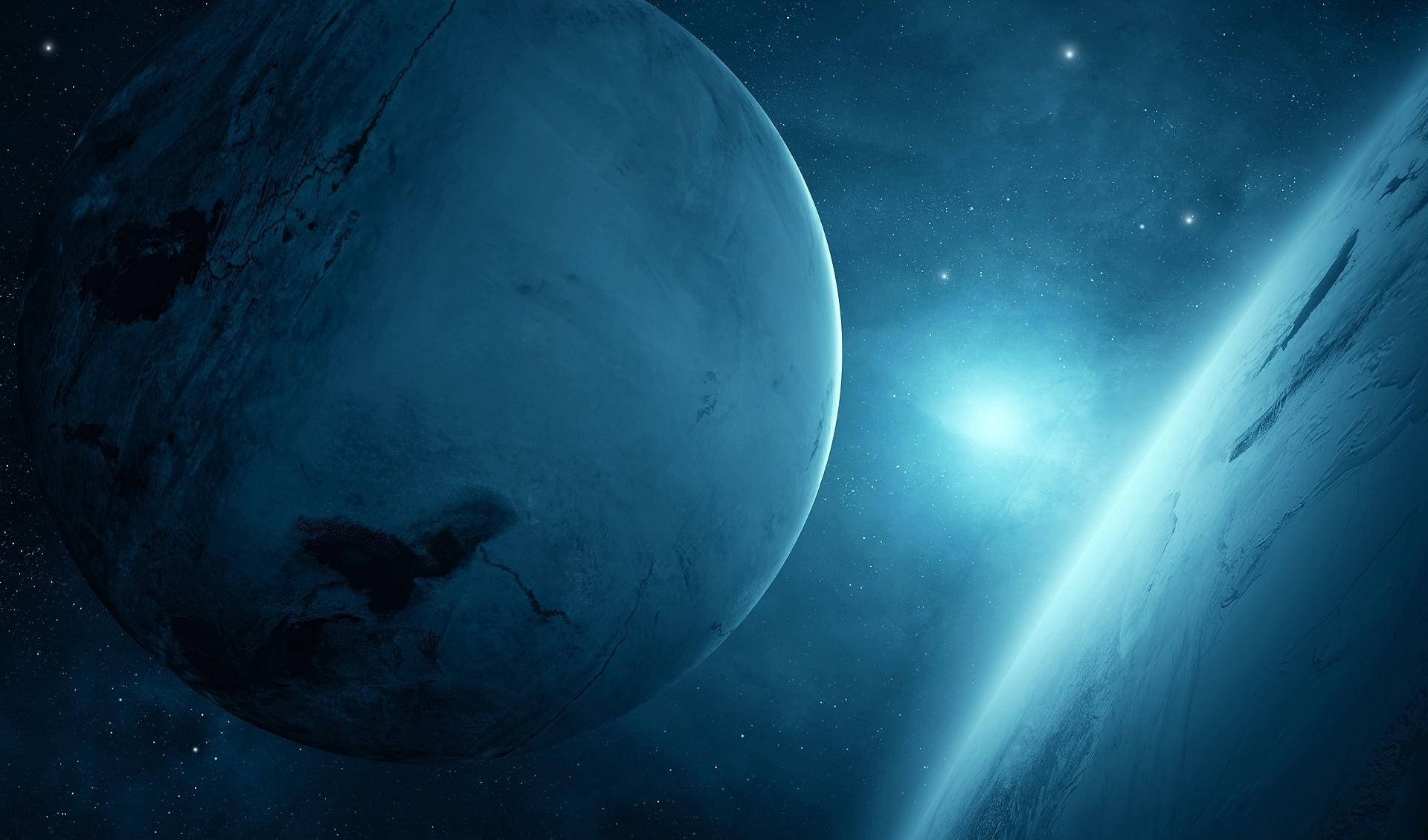 星星動圖 桌布 壁紙 — 兩顆冰藍色行星在佈滿星辰的宇宙虛空中漂流，它們之間有一團發光的星雲。
