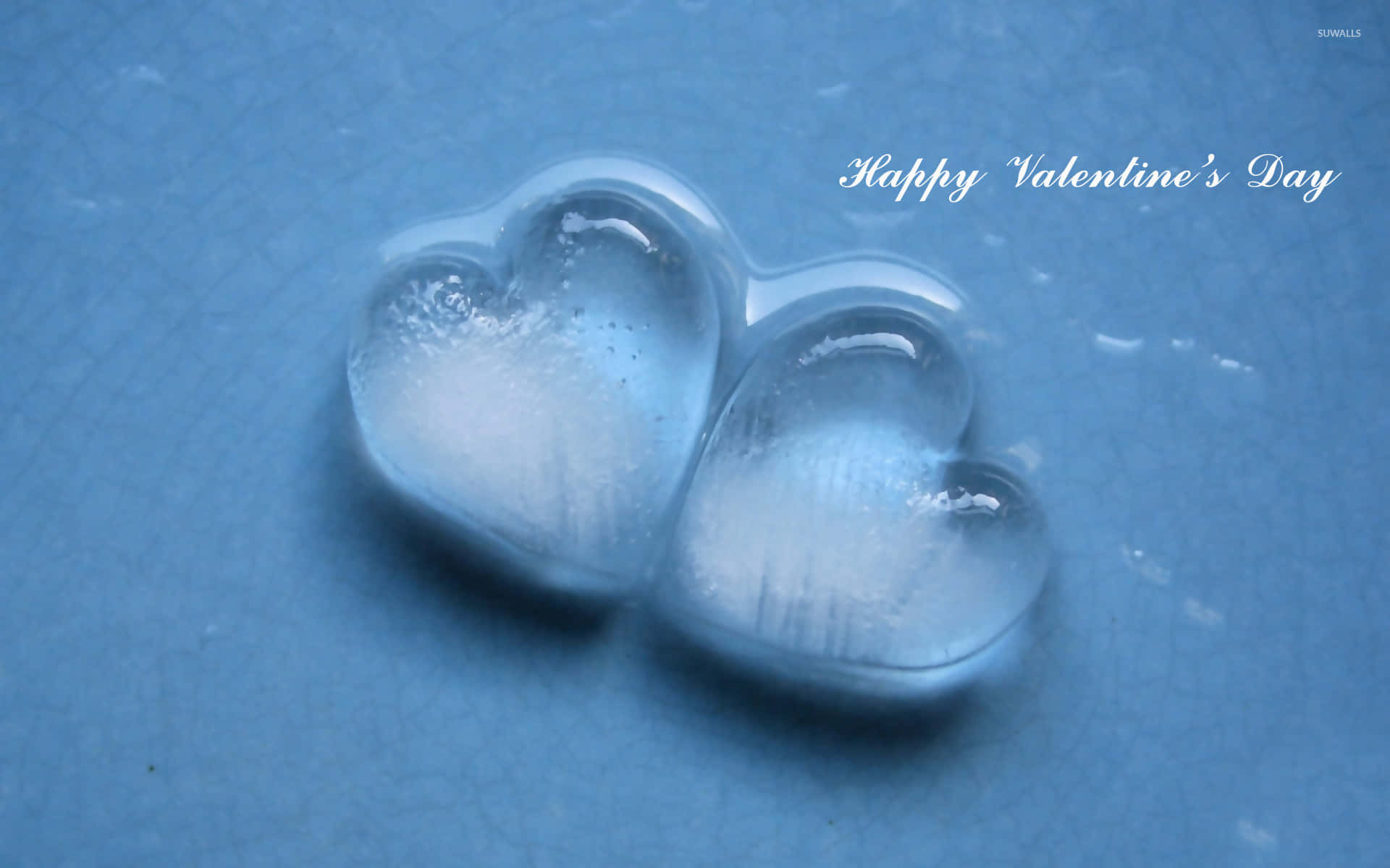 happy valentine's day 桌布 壁紙 — 兩顆半透明的心形冰塊放在清涼的藍色表面上，並帶有節日的情人節訊息。