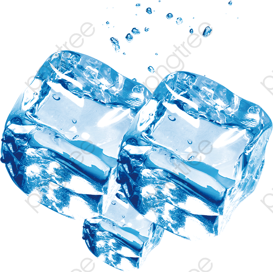 Ice Cube 桌布 壁紙 — 兩顆半透明藍色冰塊，帶有冷凝水滴和浮動氣泡，背景為黑色。