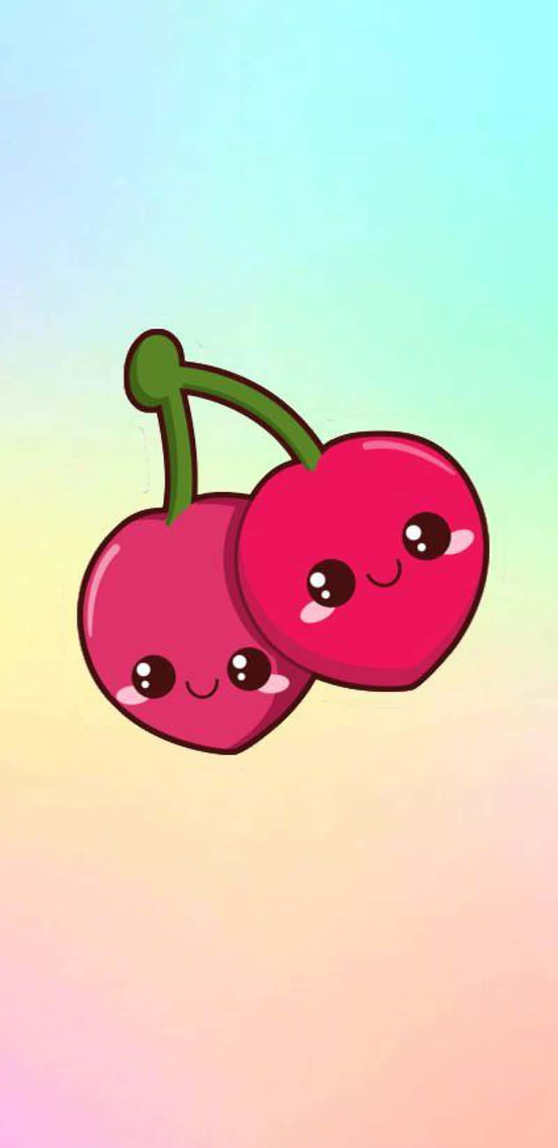 Cherry 桌布 壁紙 — 兩顆可愛卡通櫻桃帶著笑臉漂浮在柔和粉彩漸變天空上。