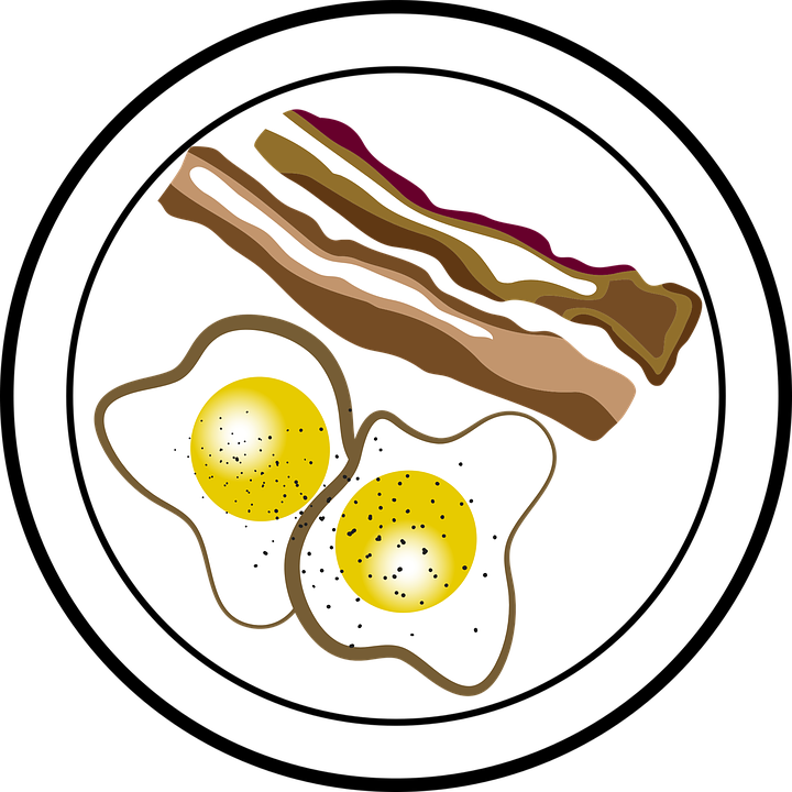 Egg 桌布 壁紙 — 兩顆太陽蛋配黑胡椒和兩條脆培根，黑色背景。