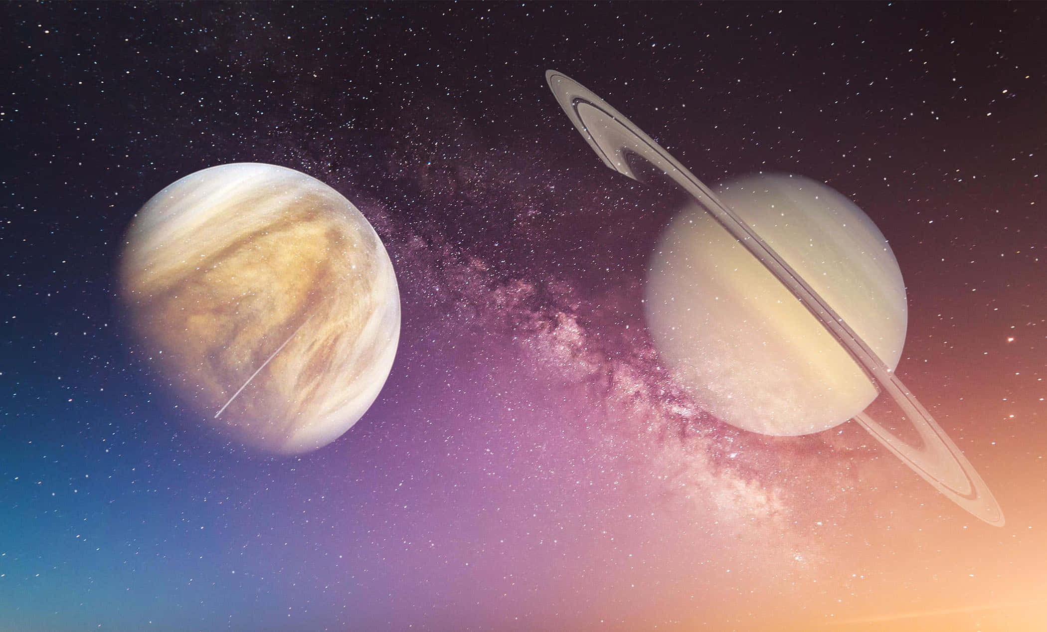 土星 桌布 壁紙 — 兩顆宏偉的行星漂浮在繁星點點的宇宙中，背後有發光的銀河拱起。