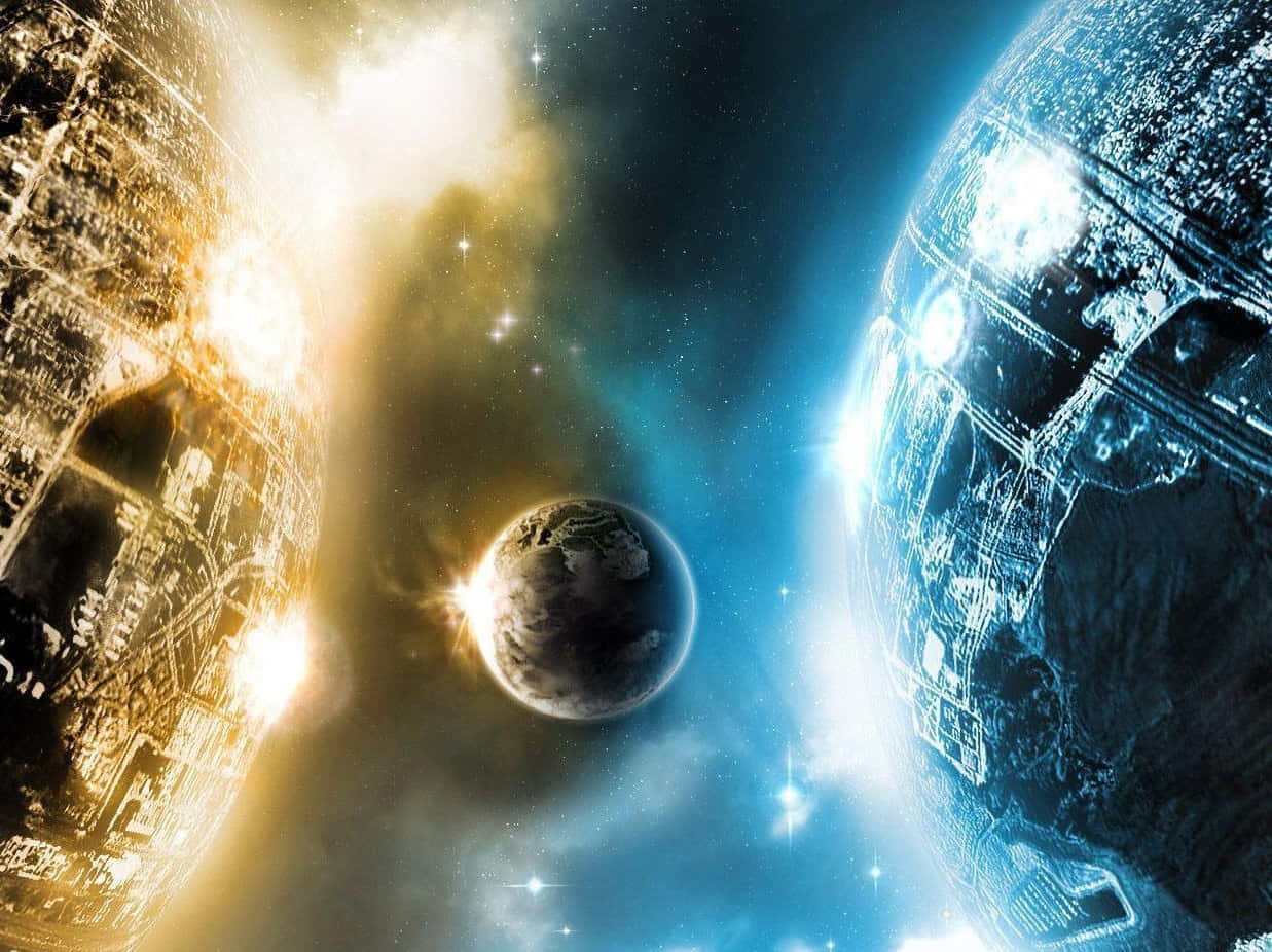 Celestial Bodies 桌布 壁紙 — 兩顆巨大的死星在一個繁星點點的宇宙場景中，伴隨著發光的星雲，夾著一顆小行星。