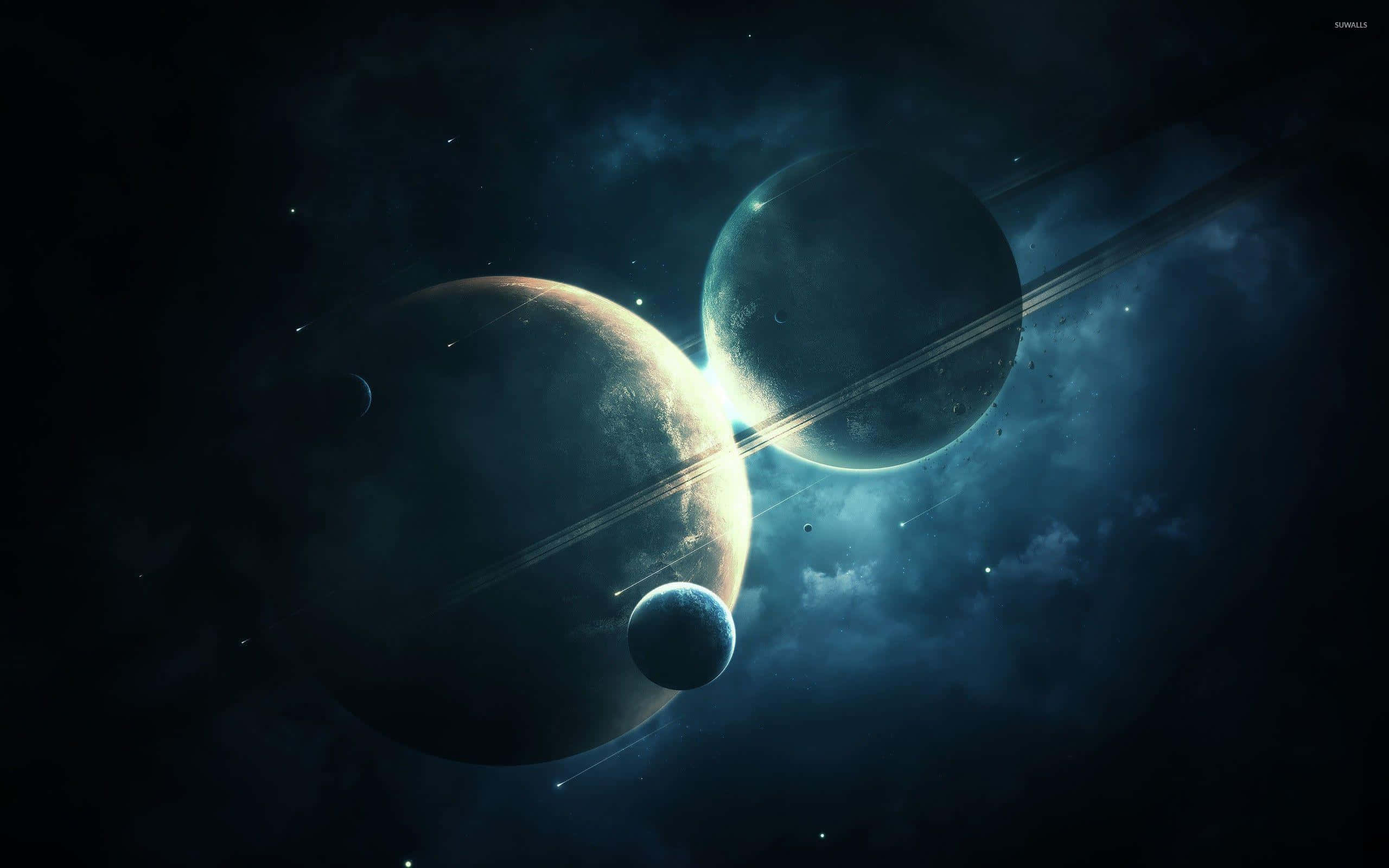 pluto 桌布 壁紙 — 兩顆帶有光環的巨大行星在佈滿恆星和星雲的黑暗宇宙天空中發光。