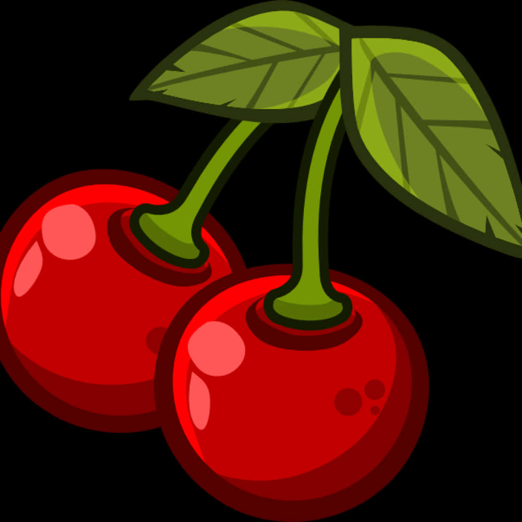 Clip Art 桌布 壁紙 — 兩顆帶有綠色莖葉的光澤紅色櫻桃，背景為黑色。