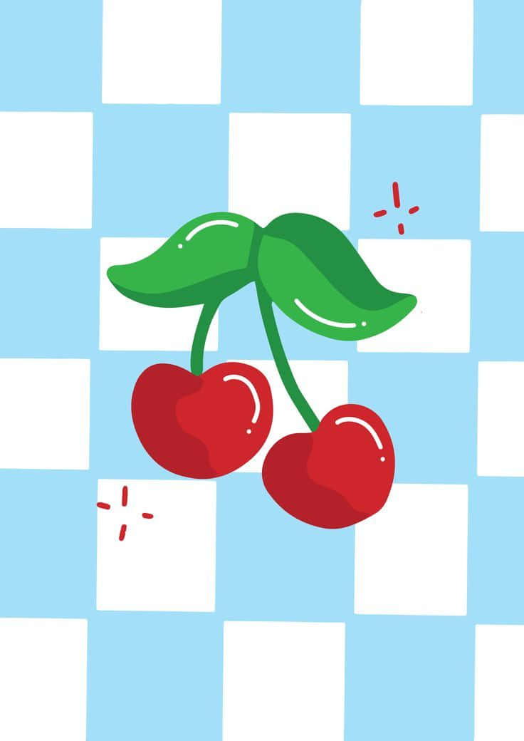 checkerboard cherry astedic 壁紙 — 兩顆帶有綠葉的光澤紅色櫻桃，放在淺藍色和白色格子背景上。