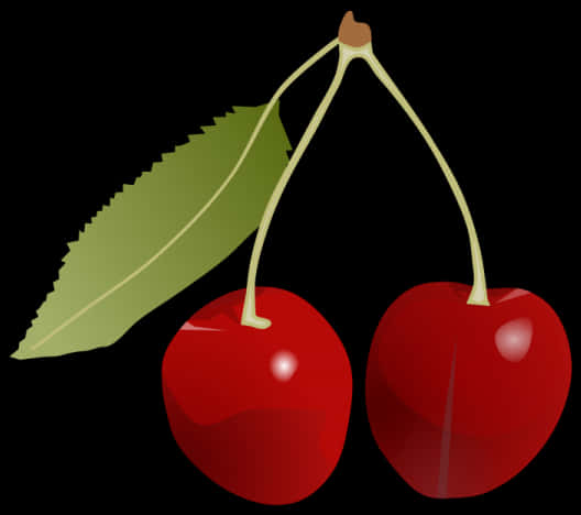 Clip Art 桌布 壁紙 — 兩顆帶莖的光澤紅櫻桃和一片綠葉，襯托在純黑背景上。
