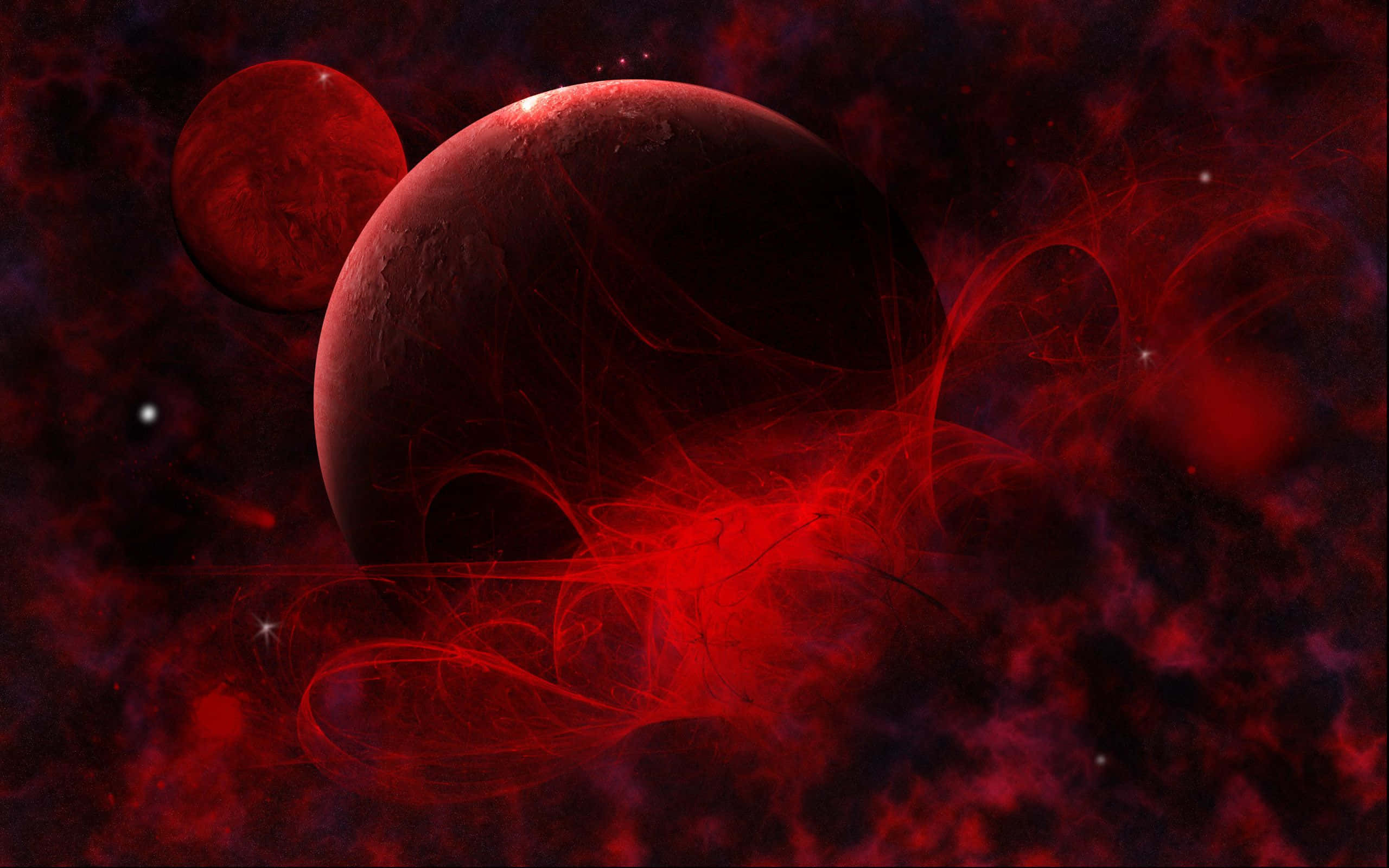 紅色動圖 桌布 壁紙 — 兩顆深紅色行星在由深紅和黑色宇宙塵埃與閃爍恆星組成的旋轉星雲中漂流。