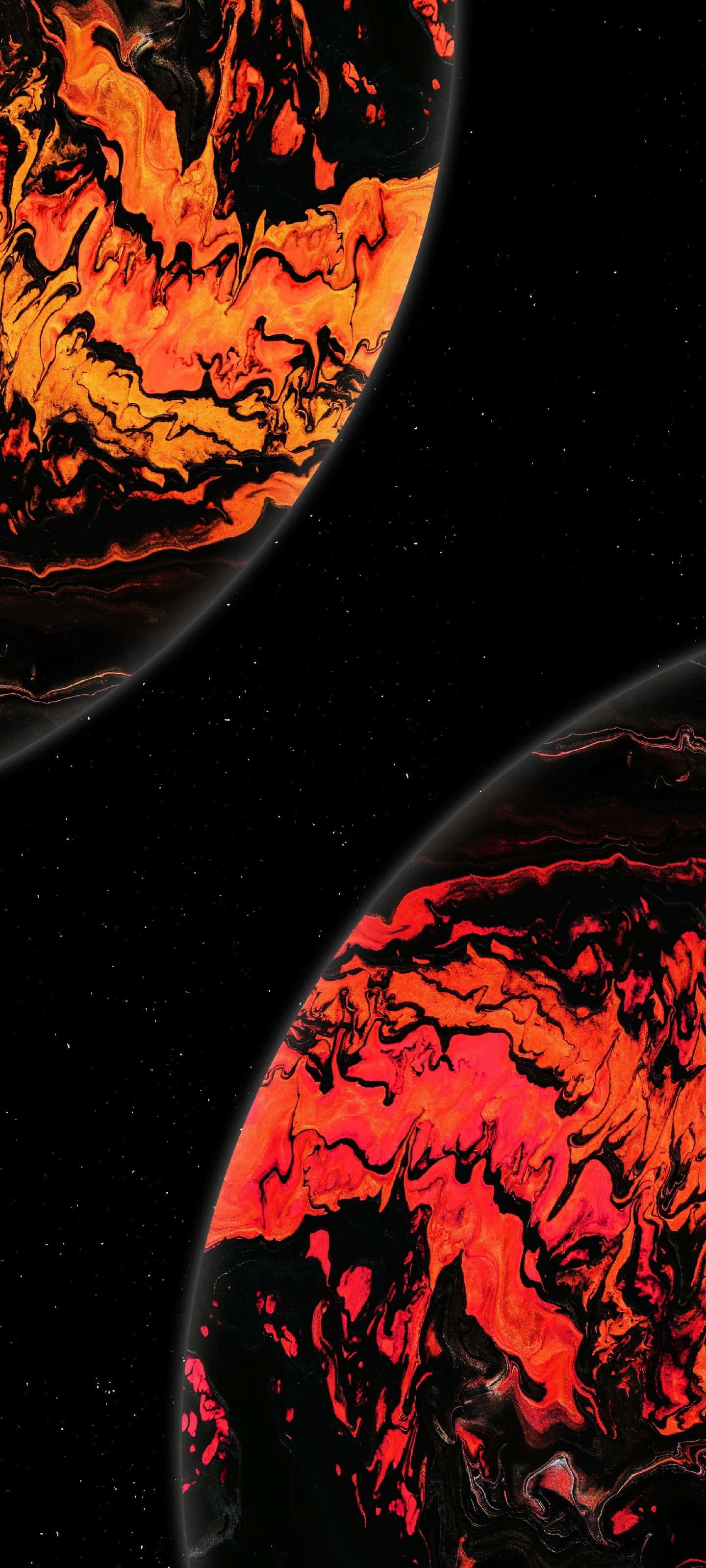 4K 桌布 壁紙 — 兩顆熾熱熔化的行星，帶有旋轉的橙紅色熔岩圖案，漂浮在繁星點點的黑色宇宙虛空中。