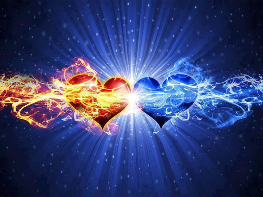 Red And Blue Fire 桌布 壁紙 — 兩顆發光的心臟——一顆火紅，一顆冰藍——在星光燦爛的宇宙背景下碰撞出耀眼的光芒。