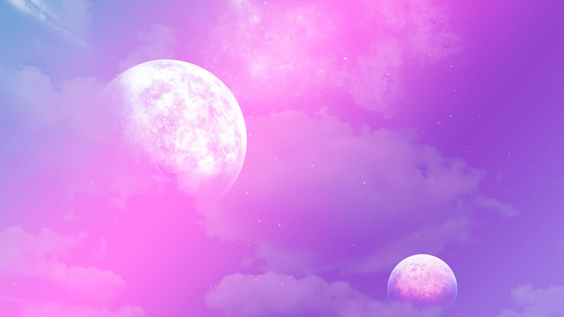 Pink Moon 桌布 壁紙 — 兩顆發光的月亮漂浮在柔軟的雲層中，下方是點綴著星星的夢幻粉紫色天空。