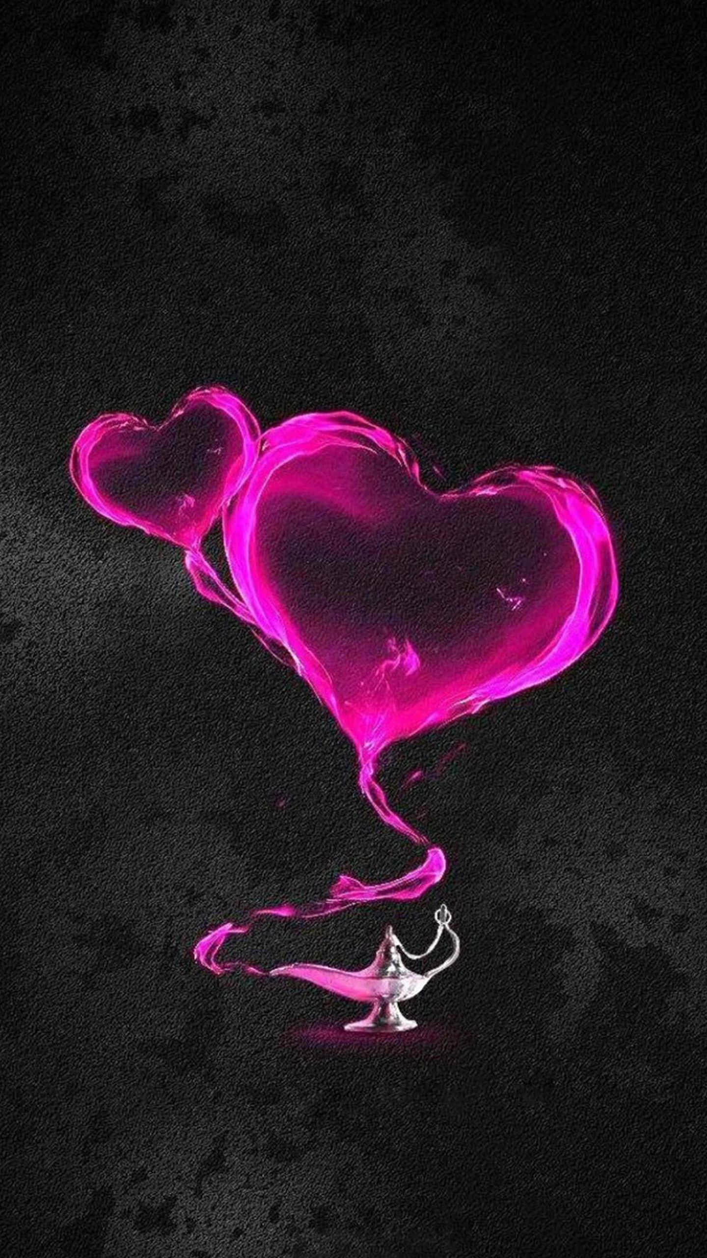 Glitter Pink Hearts 桌布 壁紙 — 兩顆發光的洋紅色心形從銀色神燈中神奇地飄出，背景為深色紋理。