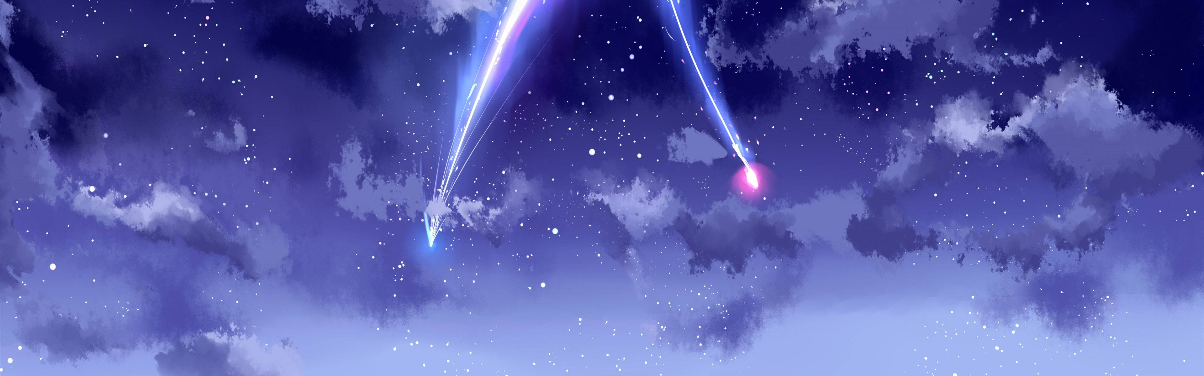 動畫 桌布 壁紙 — 兩顆發光的流星劃過星空黃昏的天空，以柔和的紫色雲彩為框。