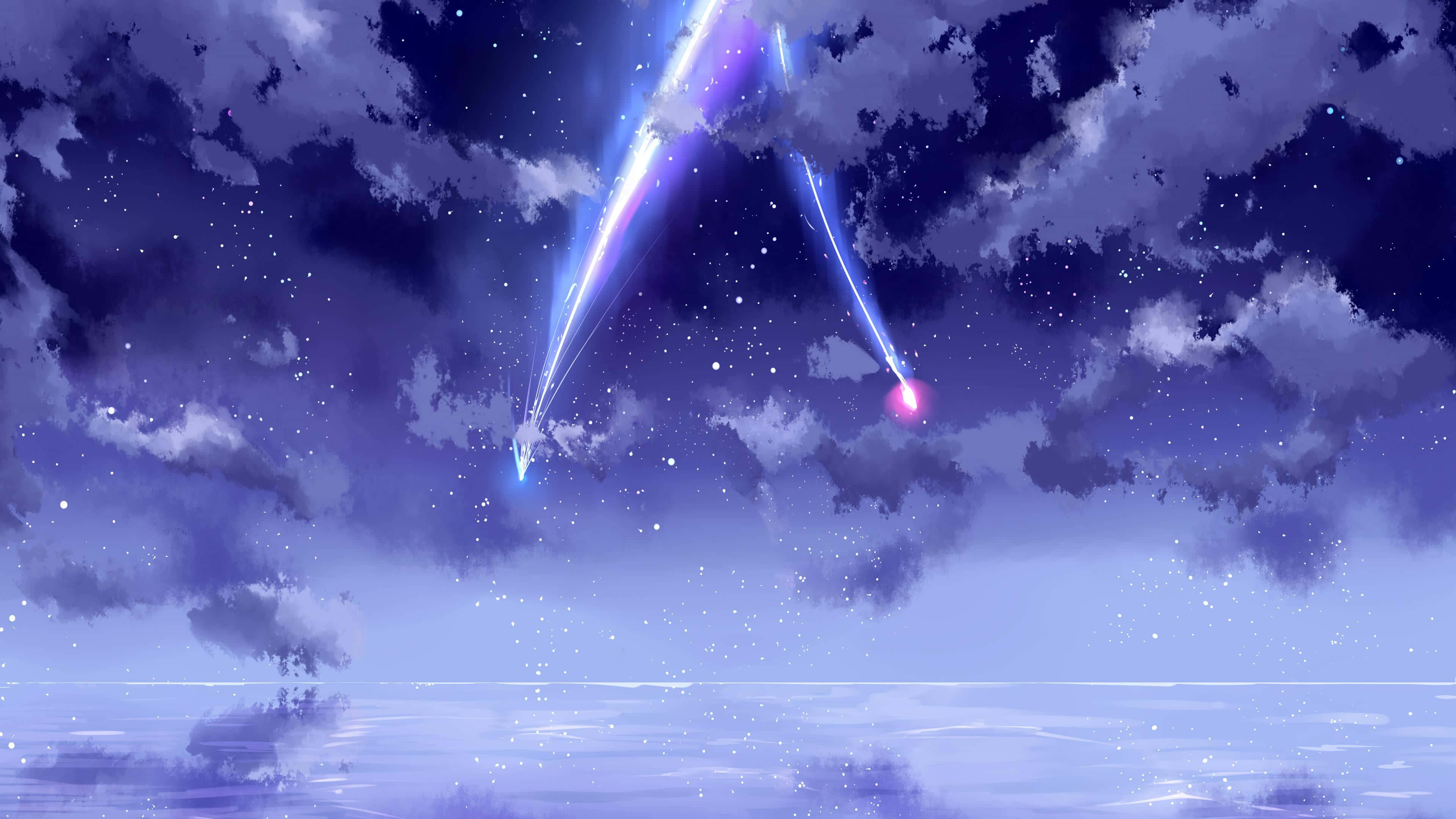 Anime Sky 桌布 壁紙 — 兩顆發光的流星在柔軟的雲層下，劃過平靜反射的海面上方繁星點點的紫色天空。