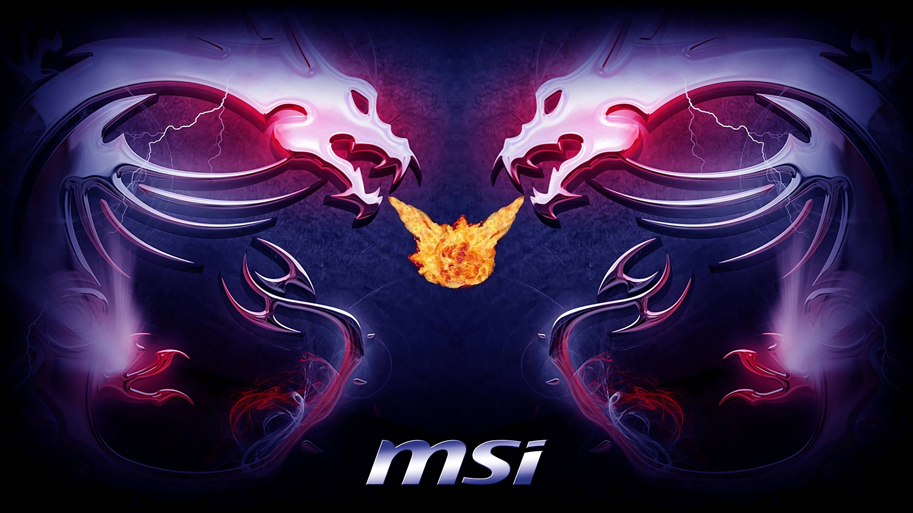 MSI 4K 桌布 壁紙 — 兩顆發光的紫色龍頭在黑暗背景上，於一團火橙色鳳凰上方相對而視。