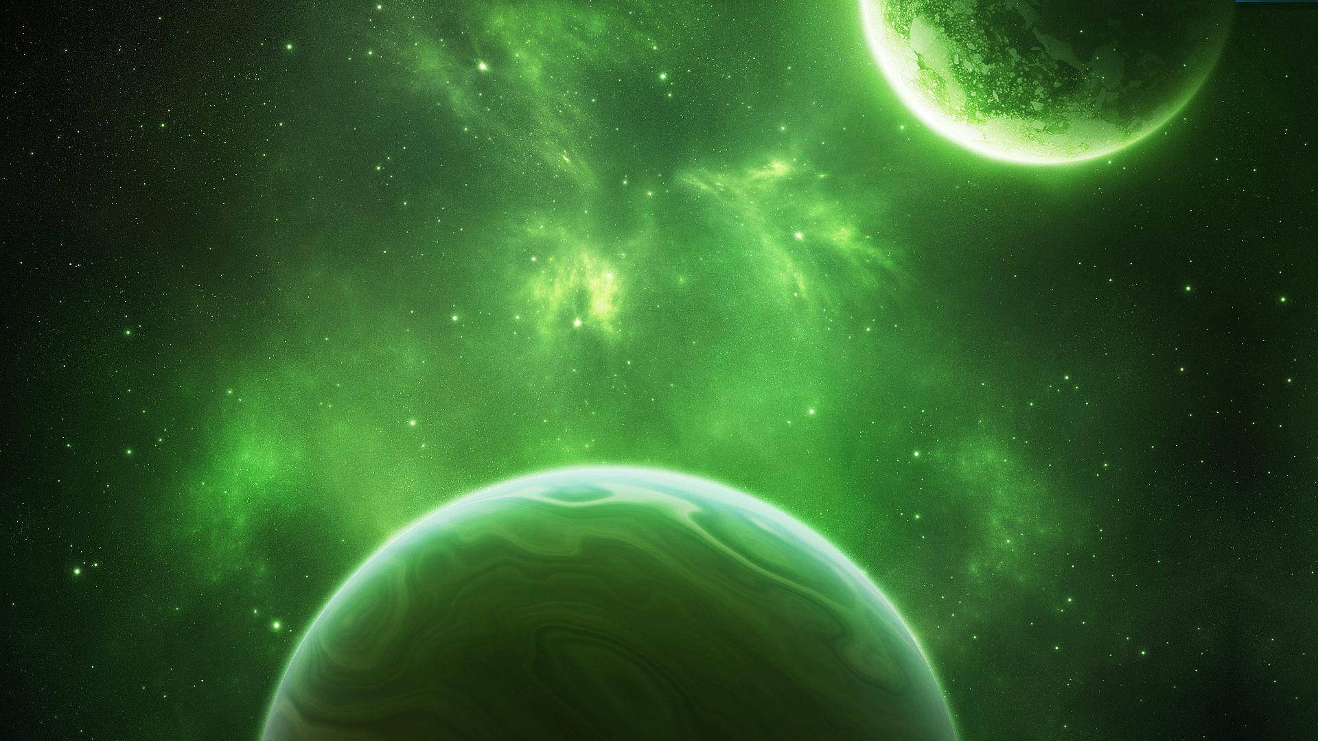 銀河 桌布 壁紙 — 兩顆發光的綠色行星漂浮在充滿閃爍星星和旋轉宇宙塵埃的活躍星雲中。