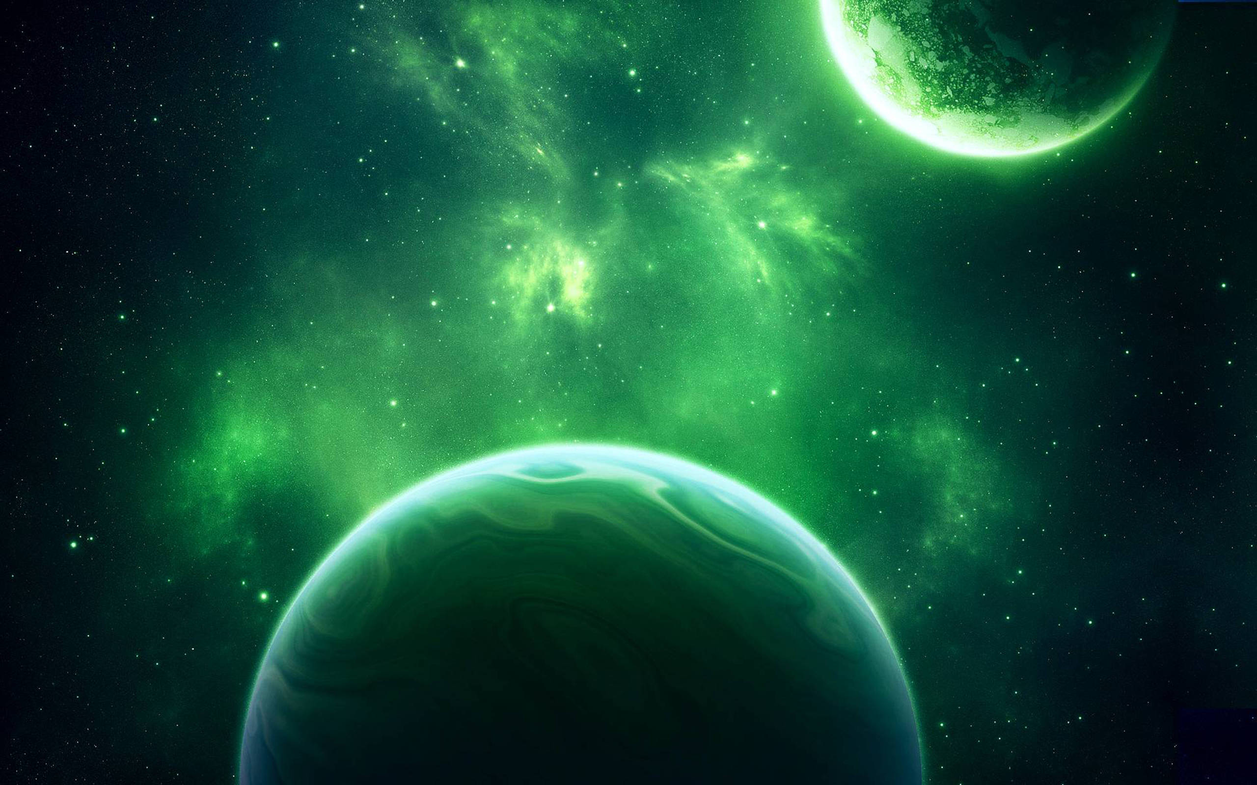 超炫動圖 桌布 壁紙 — 兩顆發光的綠色行星漂浮在充滿閃爍星光的深空星雲中。