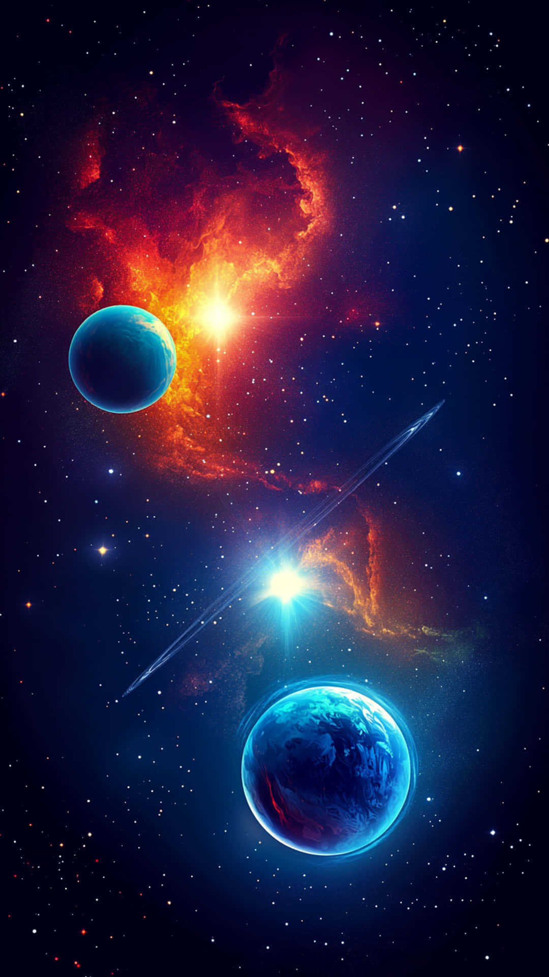Plant galaxy background 壁紙 — 兩顆發光的藍色行星漂浮在充滿活力的紅色和橙色星雲中，周圍有明亮的星星和一顆劃過的彗星。