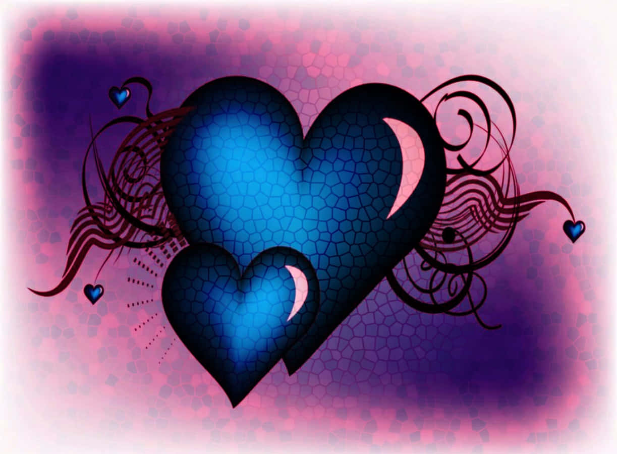 Heart Art 桌布 壁紙 — 兩顆發光的藍色裂心伴隨著新月漂浮在旋轉的黑色藤蔓之間，背景是粉紫色漸變。