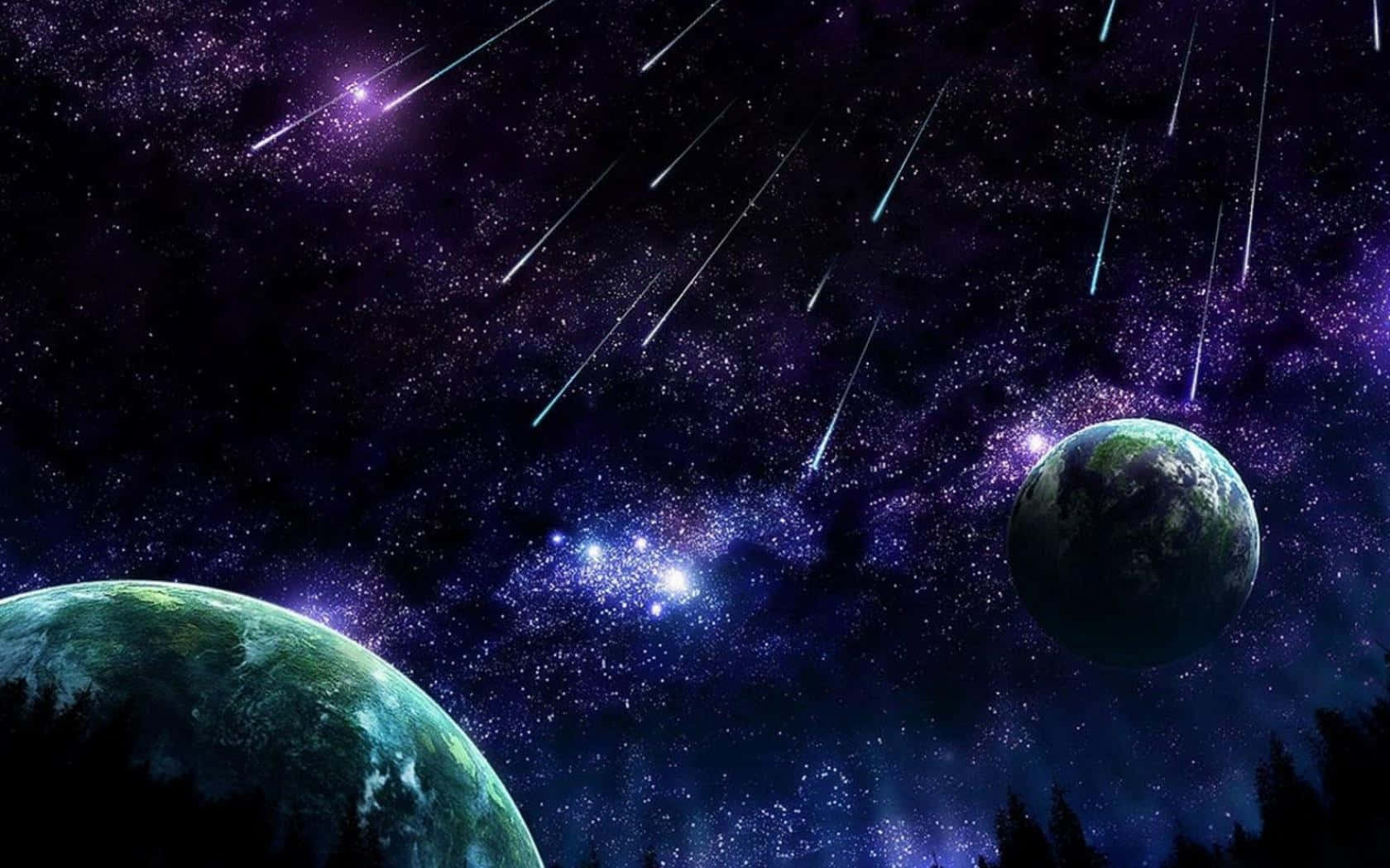 桌布 壁紙 — 兩顆發光的行星漂浮在佈滿流星和宇宙塵埃的星空紫色天空下。