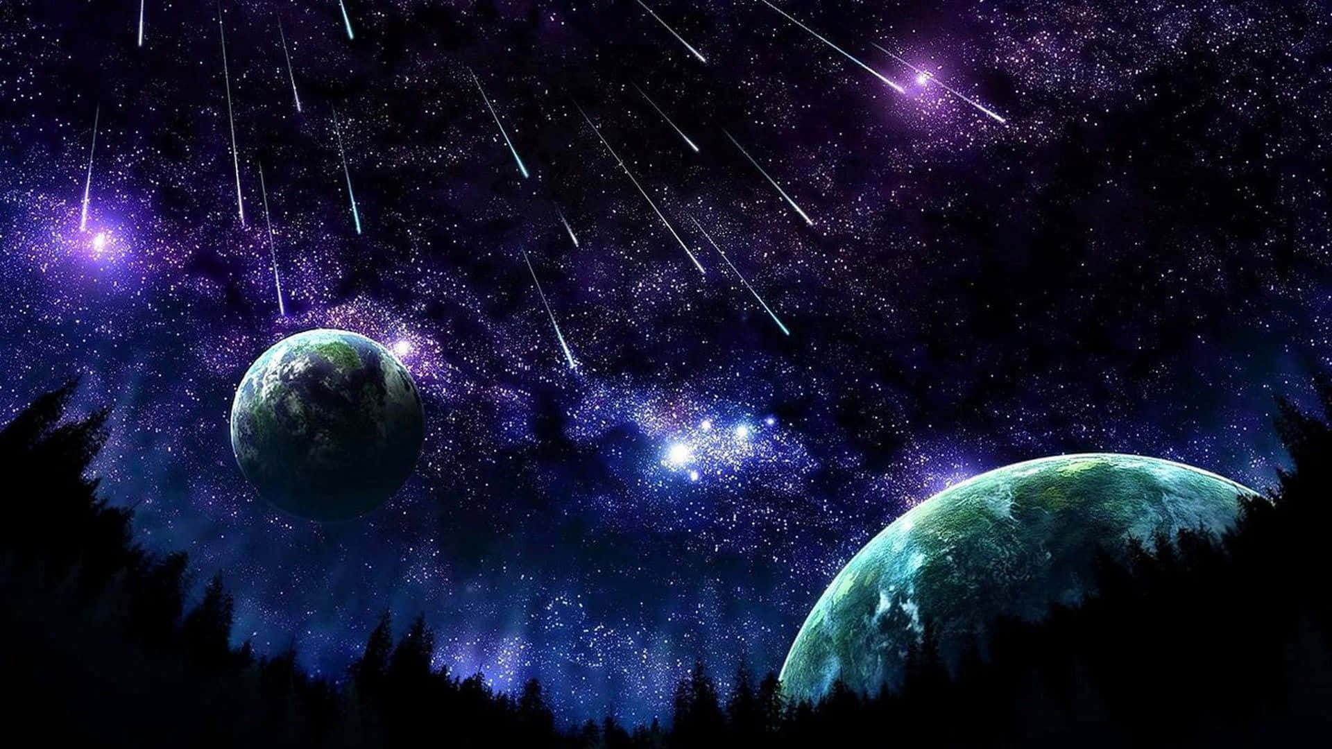 Stars 桌布 壁紙 — 兩顆發光的行星漂浮在森林剪影之上，背景是佈滿流星劃過的星空紫色天空。
