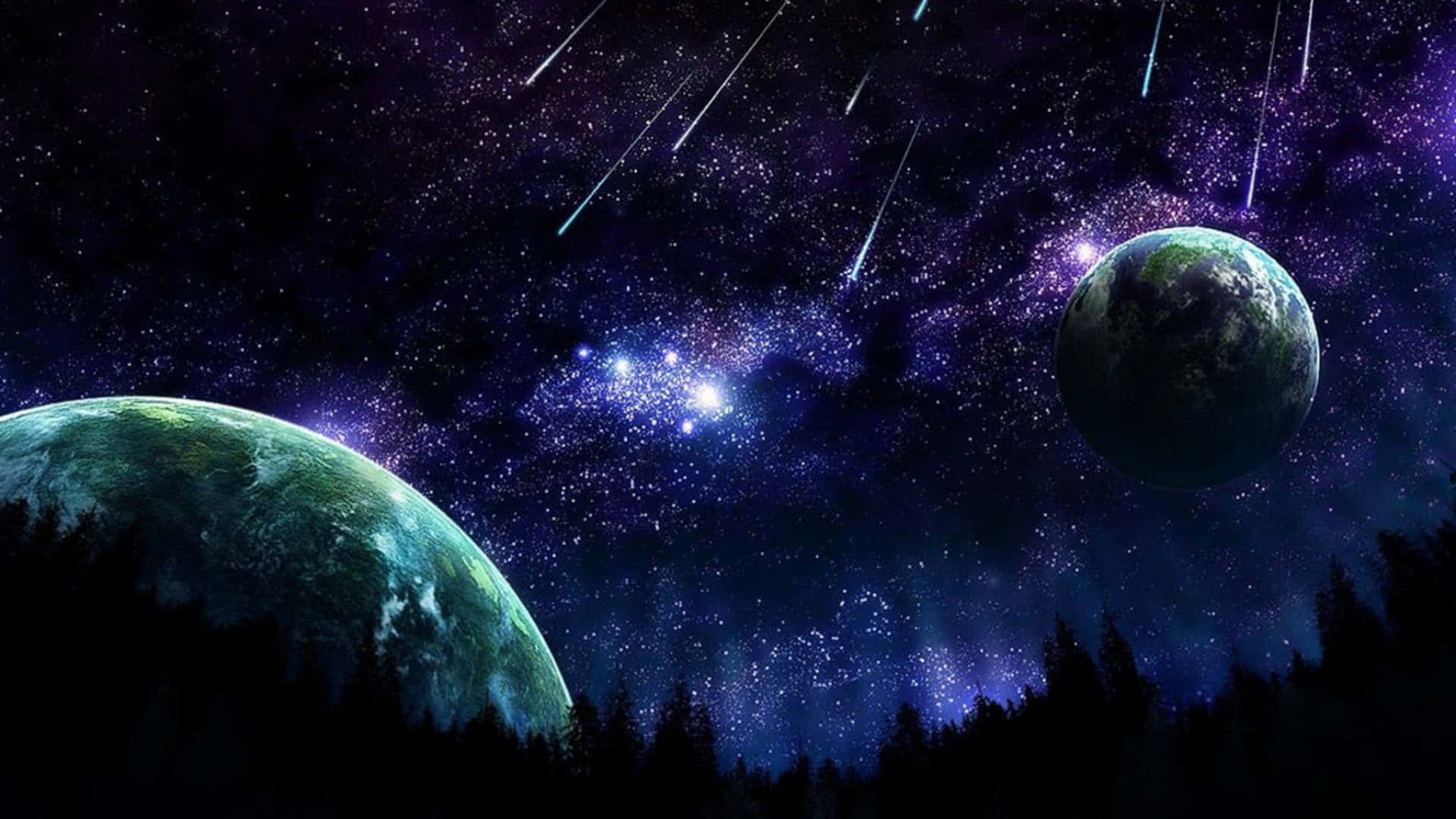 Space Desktop 桌布 壁紙 — 兩顆發光的行星漂浮在森林剪影之上，下方是劃過流星、繁星點點的紫色天空。
