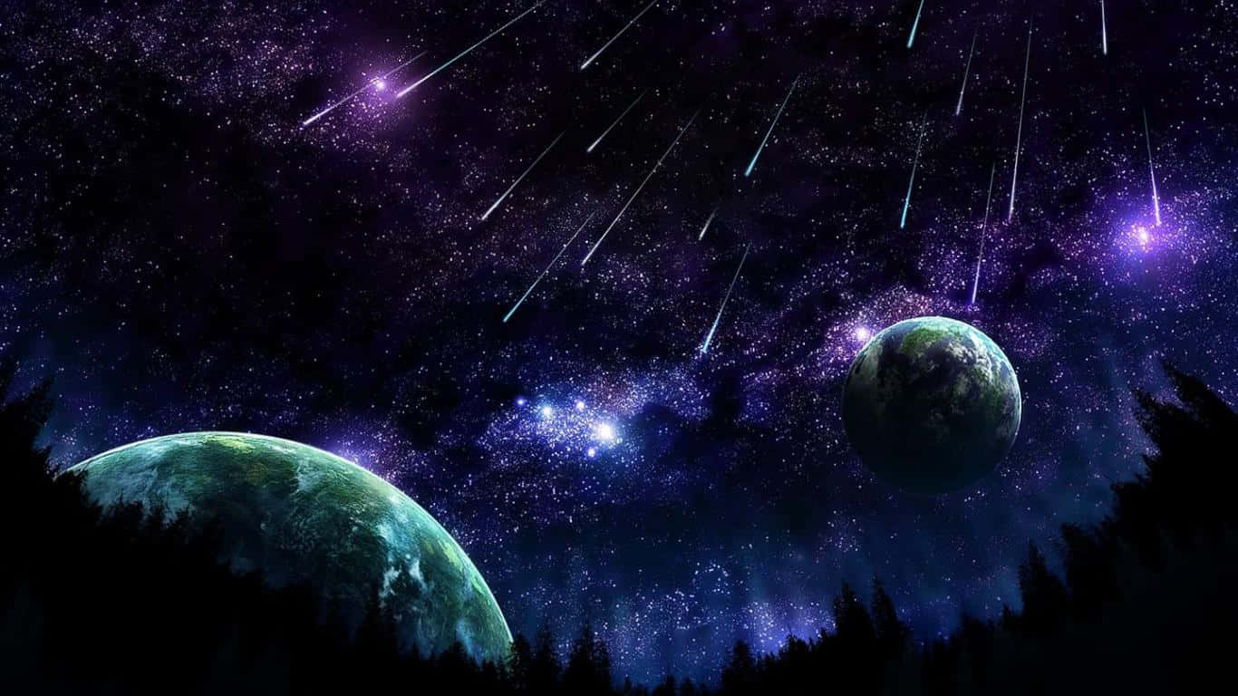 Meteor Shower 桌布 壁紙 — 兩顆發光的行星漂浮在繁星點點的紫色天空中，流星掠過森林的剪影。