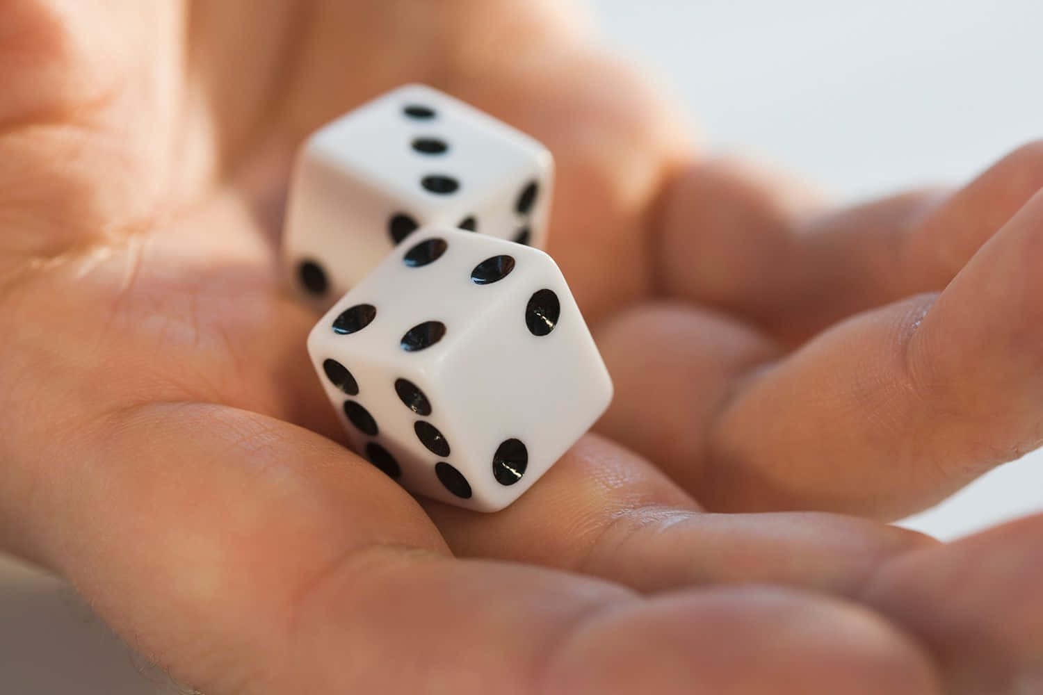 Dice 桌布 壁紙 — 兩顆白色骰子帶有黑色點點，放在張開的手掌上，背景柔和模糊。