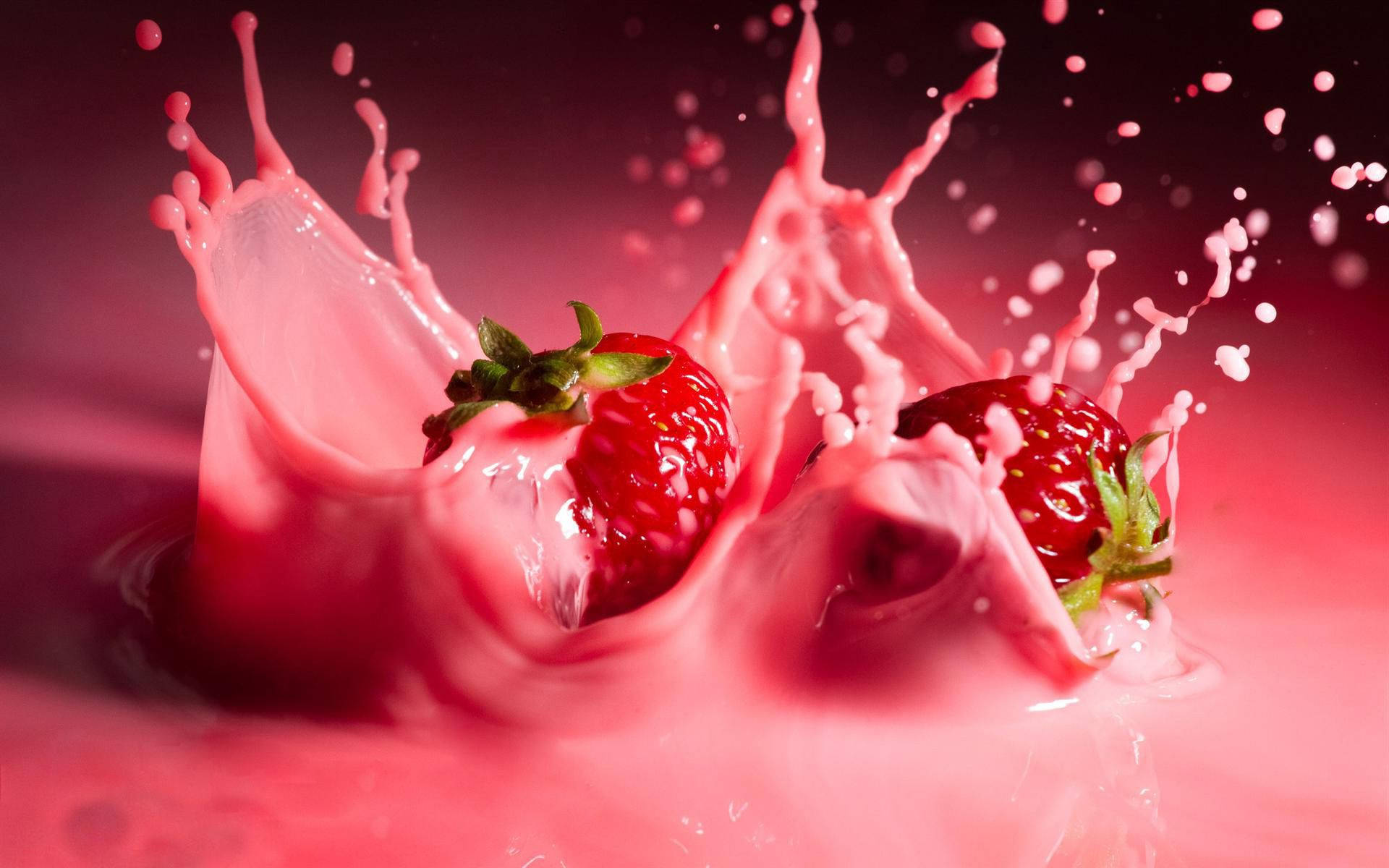 Strawberry Milk 桌布 壁紙 — 兩顆草莓衝入粉紅色液體中，在深色漸層背景上形成戲劇性的水花。