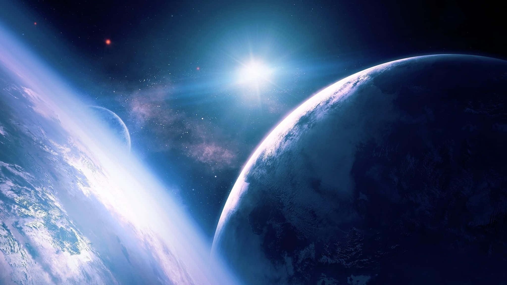 2048x1152 桌布 壁紙 — 兩顆行星圍繞一顆明亮恆星運行，帶有發光的大氣帶和遙遠星雲，在深空中。