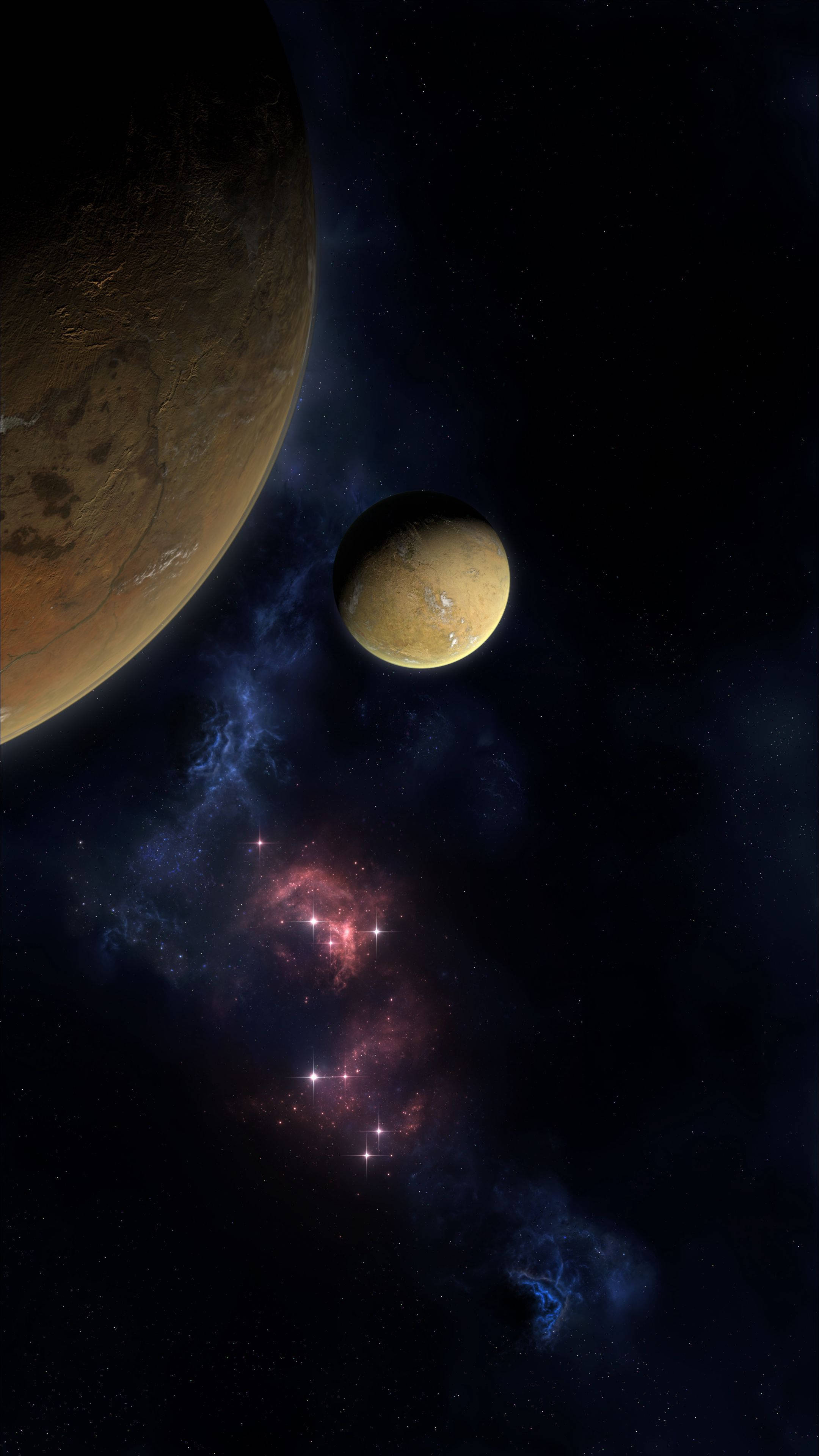 外太空 桌布 壁紙 — 兩顆行星在一個充滿活力的星雲中漂流，星雲中粉紅色和藍色的星星在黑暗的宇宙虛空中閃耀。