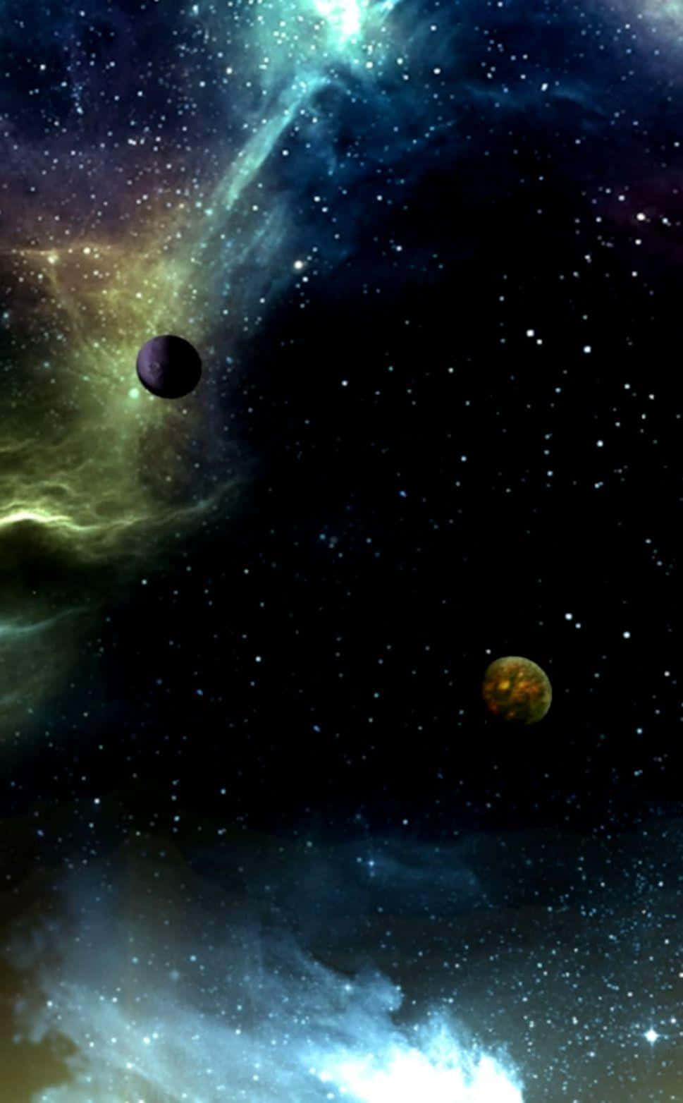 3d Galaxy 桌布 壁紙 — 兩顆行星在充滿活力的宇宙星雲中漂流，星雲閃爍著青綠色、金色和深藍色的星星。