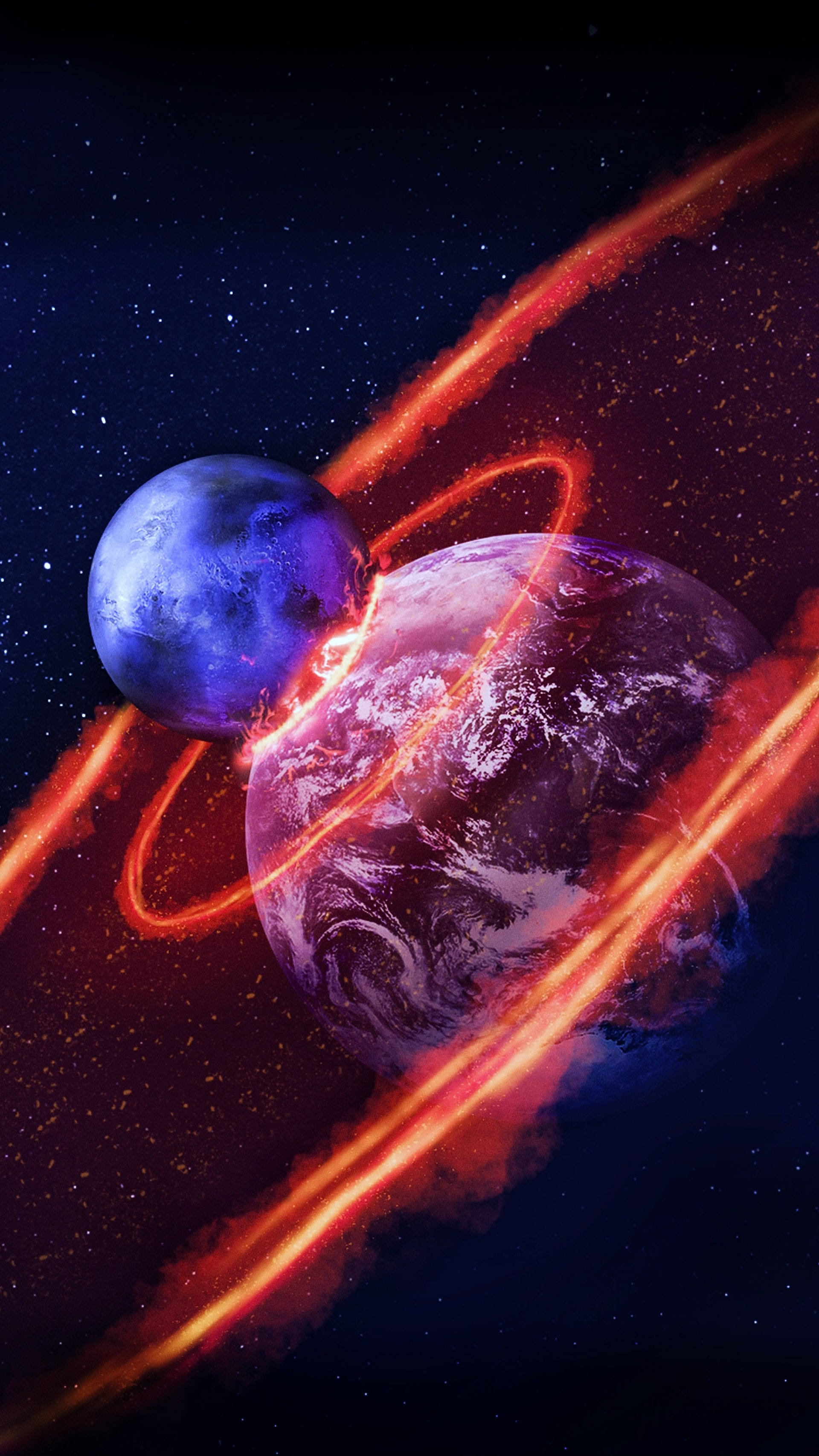 外太空 桌布 壁紙 — 兩顆行星在宇宙爆炸中相撞，在繁星點點的夜空中產生熾熱的橙色能量弧。