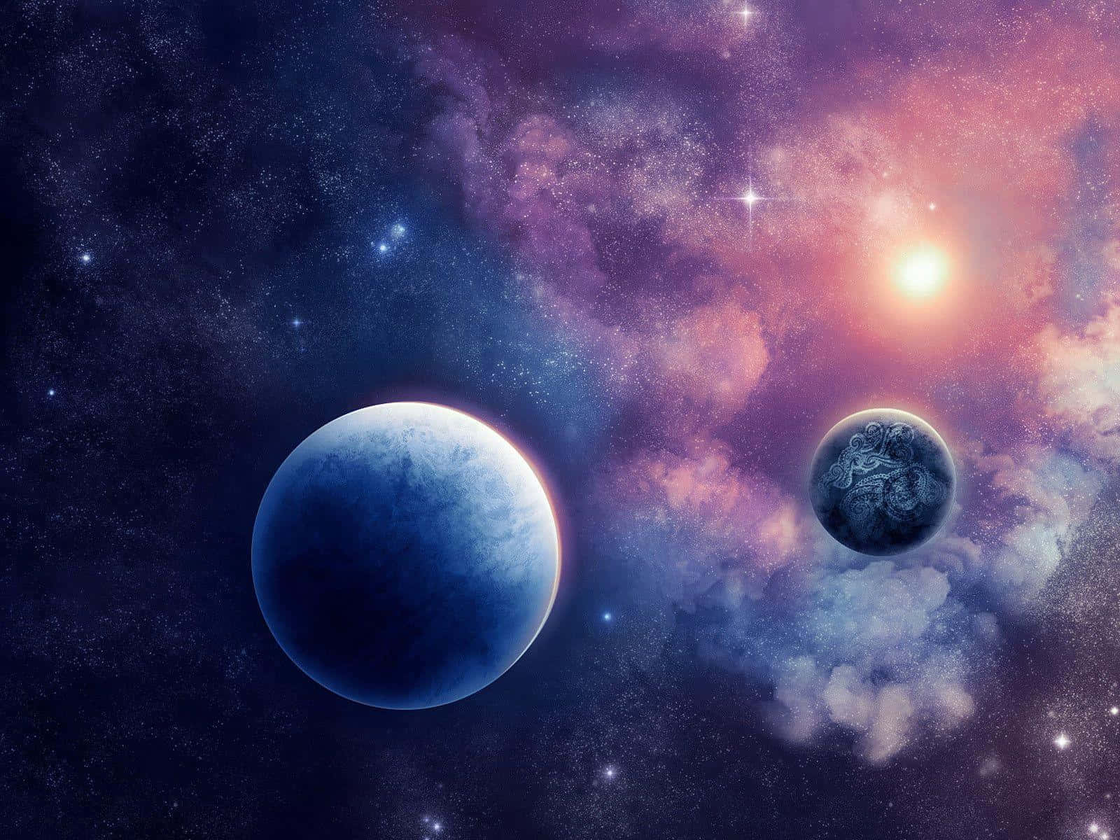 行星動畫 桌布 壁紙 — 兩顆行星在璀璨的星空下，穿過一個散發著紫色、粉紅色和藍色光芒的充滿活力的宇宙星雲。
