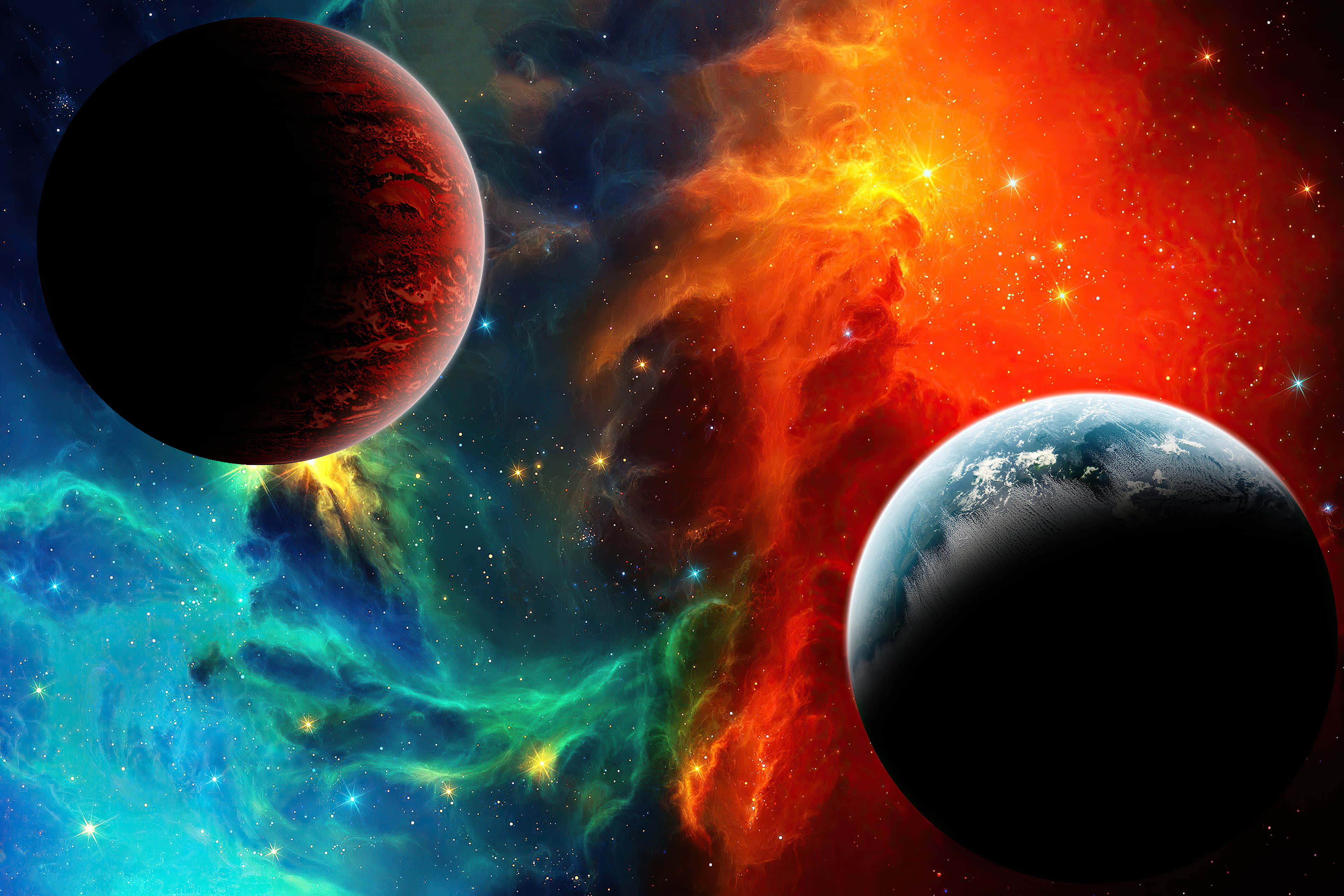 Galaxy Themed Paintings 桌布 壁紙 — 兩顆行星漂浮在充滿活力的宇宙星雲中，星雲散發著火橙色和電光藍色的星場光芒。