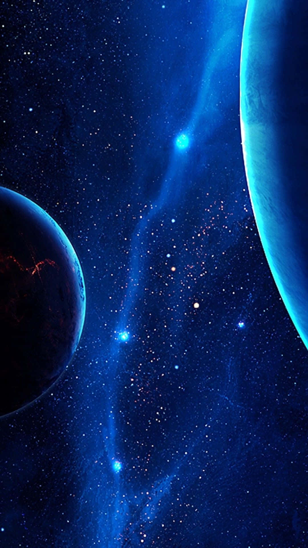 銀河 桌布 壁紙 — 兩顆行星漂浮在深邃的藍色宇宙虛空中，充滿了閃爍的星星和充滿活力的星雲。