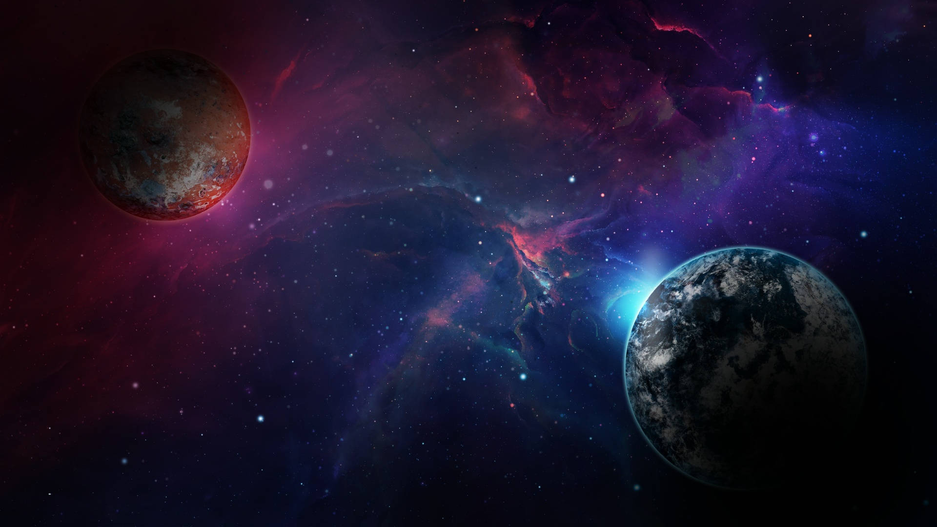 宇宙美學 桌布 壁紙 — 兩顆行星飄過一個充滿活力的星雲，散發著紅色、紫色和藍色的宇宙雲層及散落的星星。