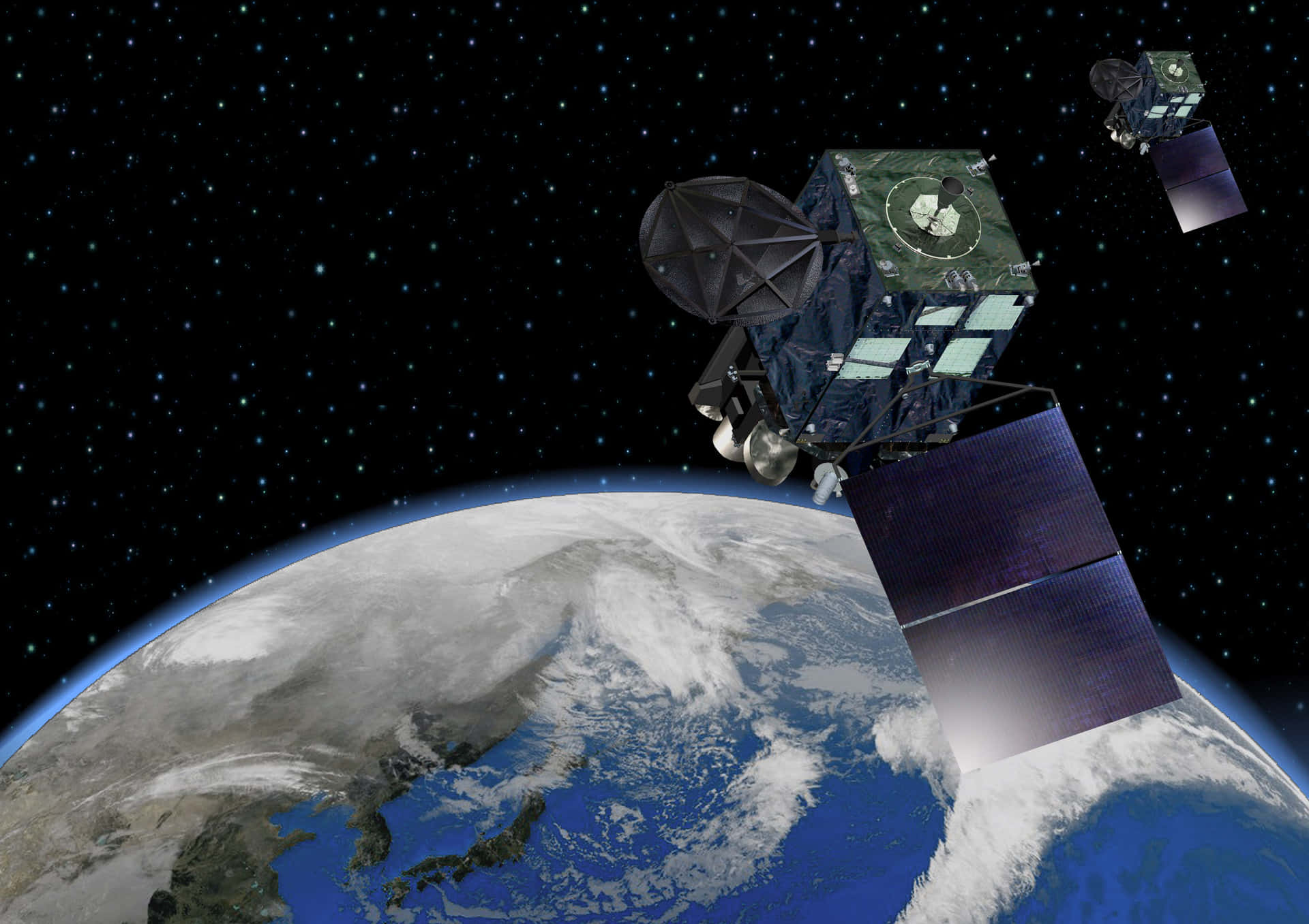 Satellite 桌布 壁紙 — 兩顆詳細的衛星在星空黑色天空、旋轉雲層和下方藍色海洋的背景下繞地球運行。