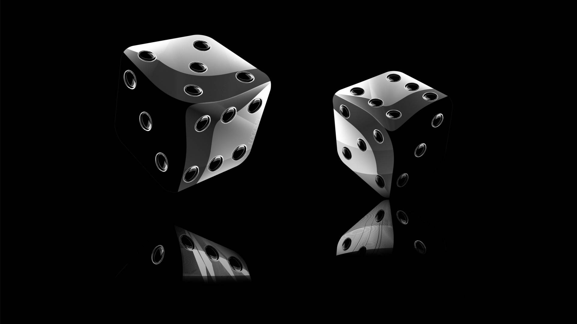 best 3d HD 桌布 壁紙 — 兩顆金屬骰子帶有反光表面，懸浮在純黑背景上的鏡像倒影之上。