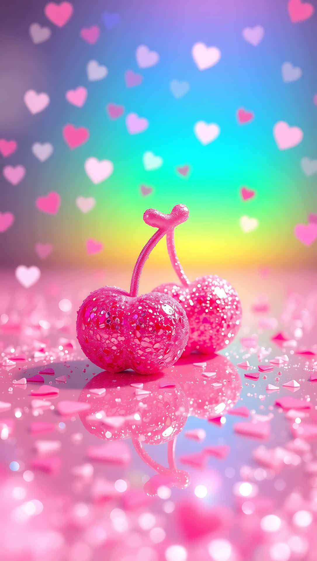 Sparkle Pop Cherries – Ultra-Cute Aesthetic 47-1 壁紙 — 兩顆閃亮粉紅櫻桃帶莖，放在反光的粉紅表面上，周圍漂浮著愛心，背景是彩虹漸變色。
