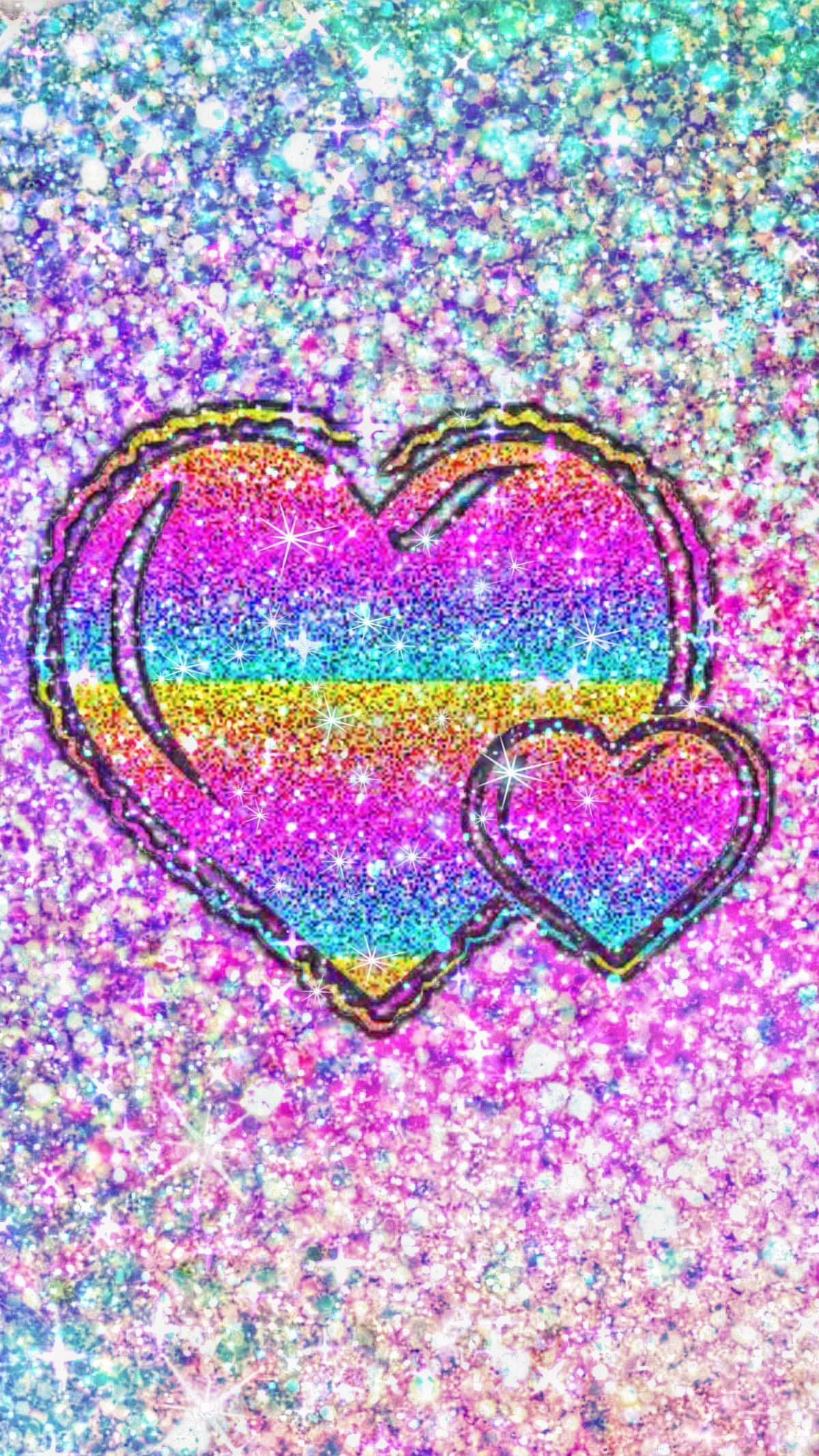 Cute Heart 桌布 壁紙 — 兩顆閃爍的心形帶有彩虹條紋，在充滿活力的粉紅色和藍色閃粉背景上閃閃發光。