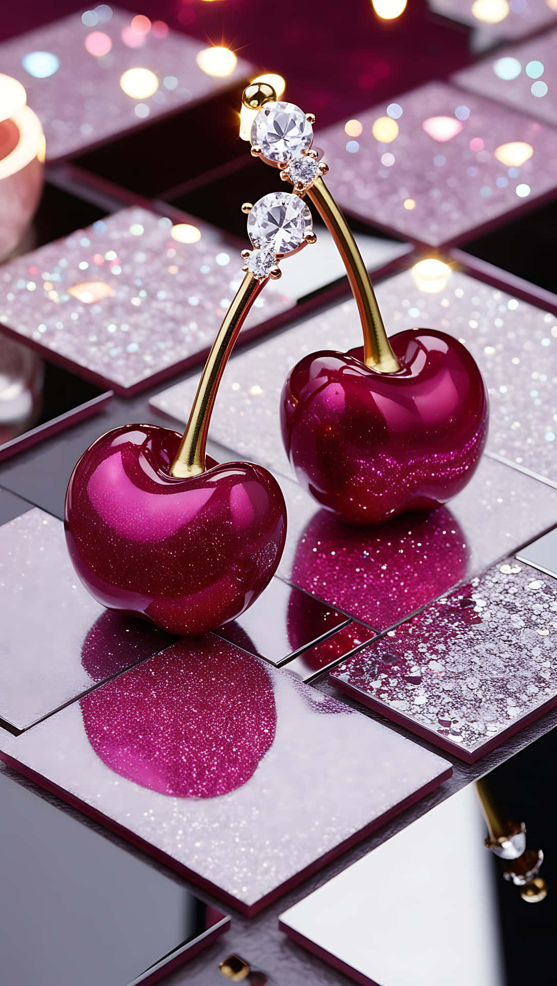 Glittery Twin Cherries – Luxe Aesthetic Delight 49-2 壁紙 — 兩顆閃爍的洋紅色櫻桃，帶有金色莖和鑽石點綴，放置在閃閃發光的馬賽克表面上，伴隨著溫暖的散景燈光。
