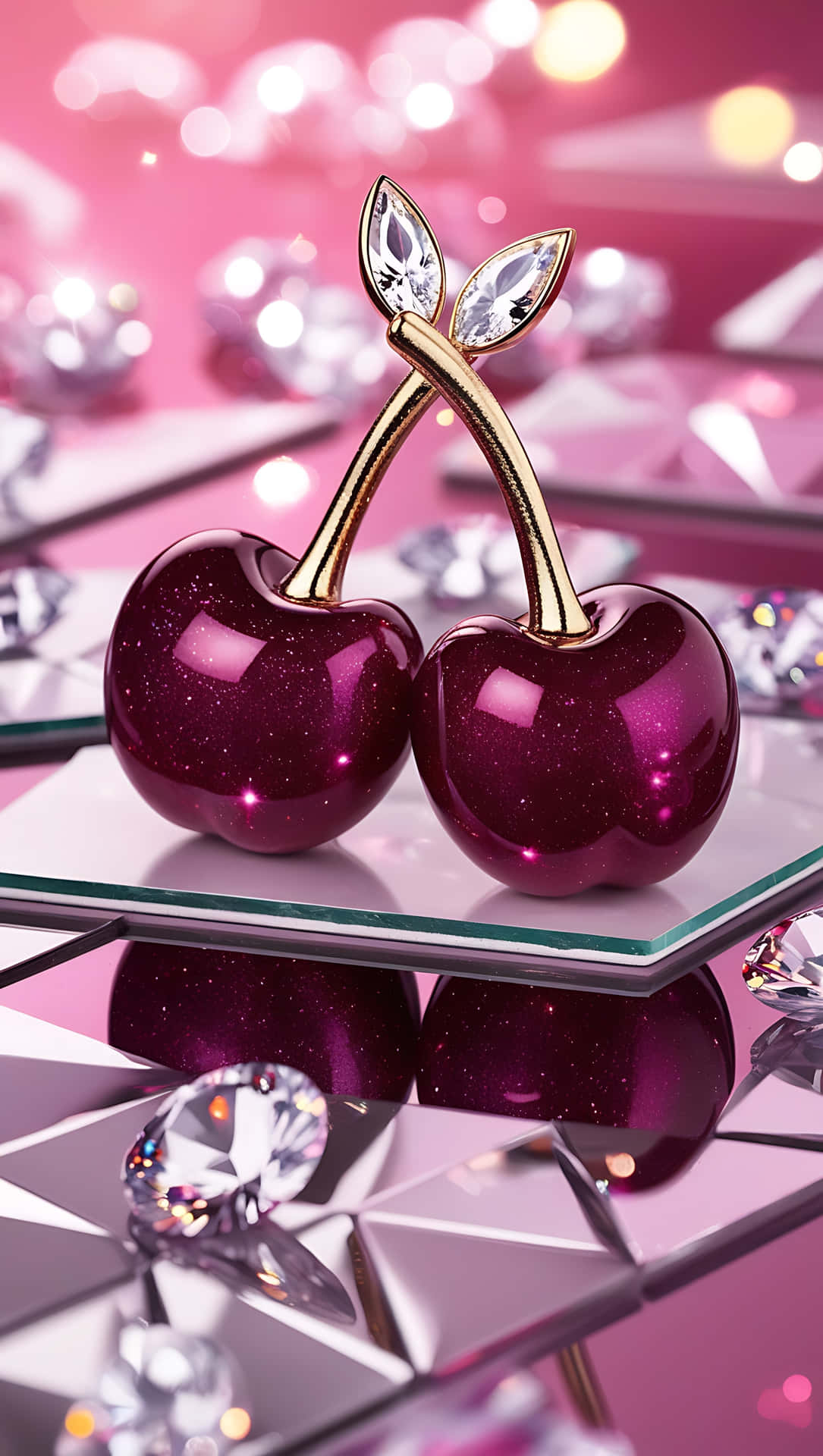 Glittery Twin Cherries – Luxe Aesthetic Delight 49-1 壁紙 — 兩顆閃閃發光的深紫色櫻桃，帶有金色莖和晶體葉，放在鏡面玻璃上，反射出鑽石和粉紅色散景燈光。